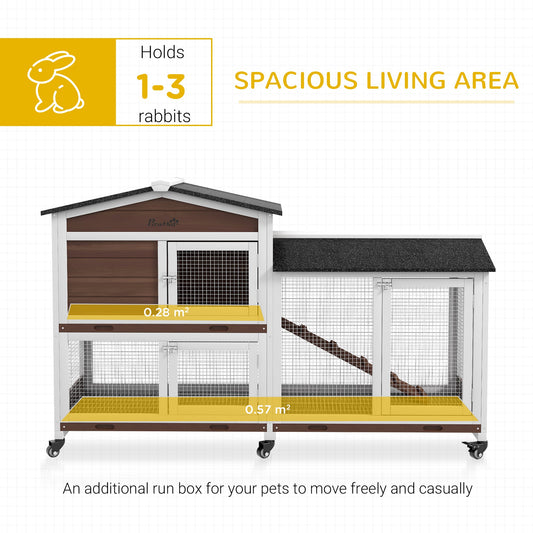 Rabbit Hutch Outdoor with Run Guinea Pig Hutch 2-Tier Bunny Cage w/ Wheels No-Leak Plastic Tray 157.4 x 53 x 99.5 cm - Brown