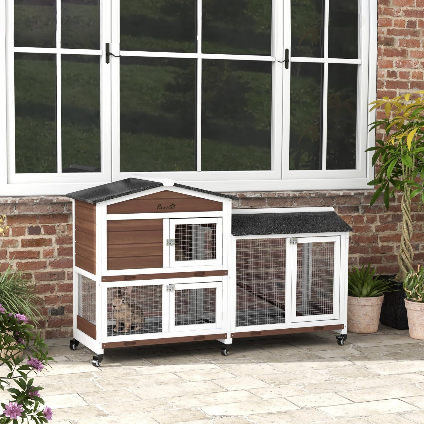 Rabbit Hutch Outdoor with Run Guinea Pig Hutch 2-Tier Bunny Cage w/ Wheels No-Leak Plastic Tray 157.4 x 53 x 99.5 cm - Brown