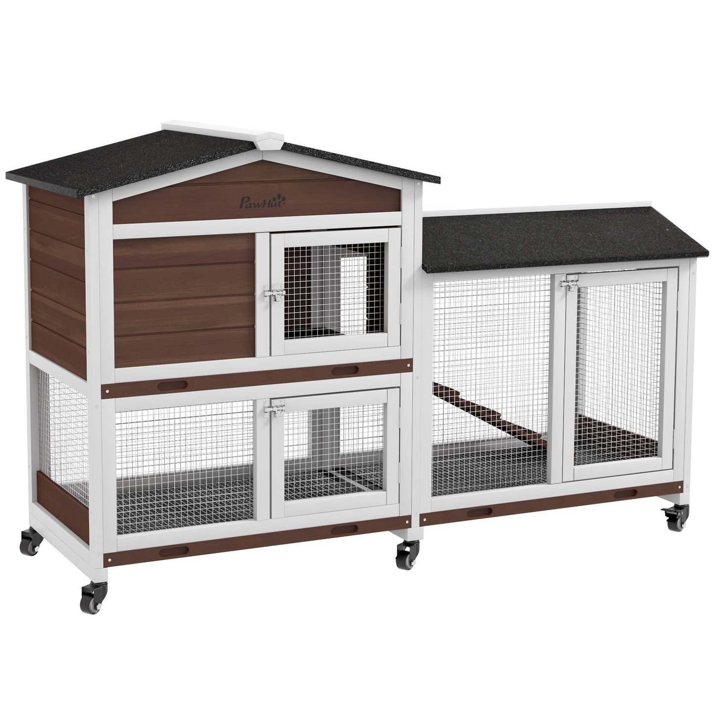 Rabbit Hutch Outdoor with Run Guinea Pig Hutch 2-Tier Bunny Cage w/ Wheels No-Leak Plastic Tray 157.4 x 53 x 99.5 cm - Brown