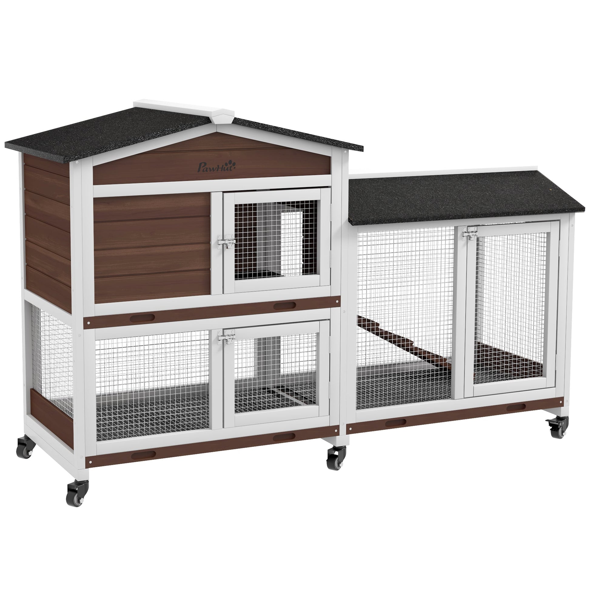 Rabbit Hutch Outdoor with Run Guinea Pig Hutch 2-Tier Bunny Cage w/ Wheels No-Leak Plastic Tray 157.4 x 53 x 99.5 cm - Brown