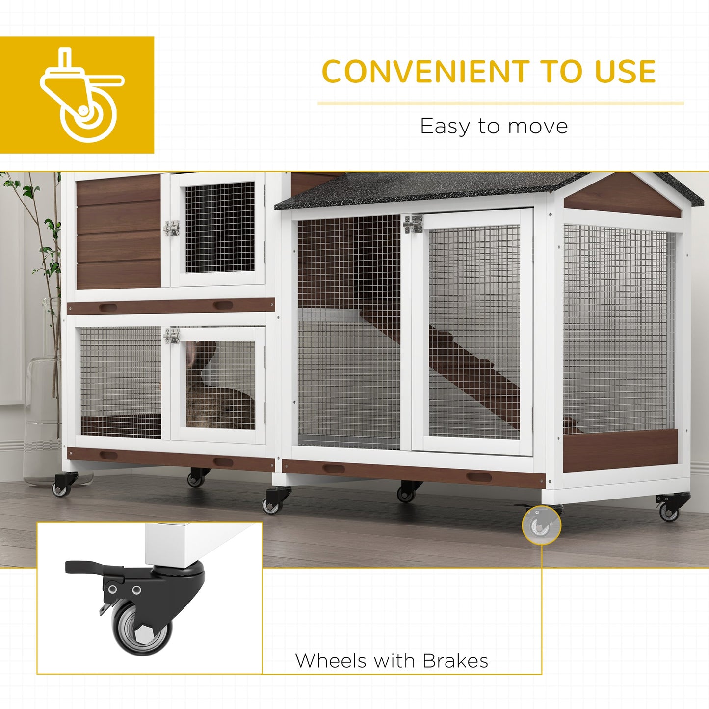 Rabbit Hutch Outdoor with Run Guinea Pig Hutch 2-Tier Bunny Cage w/ Wheels No-Leak Plastic Tray 157.4 x 53 x 99.5 cm - Brown
