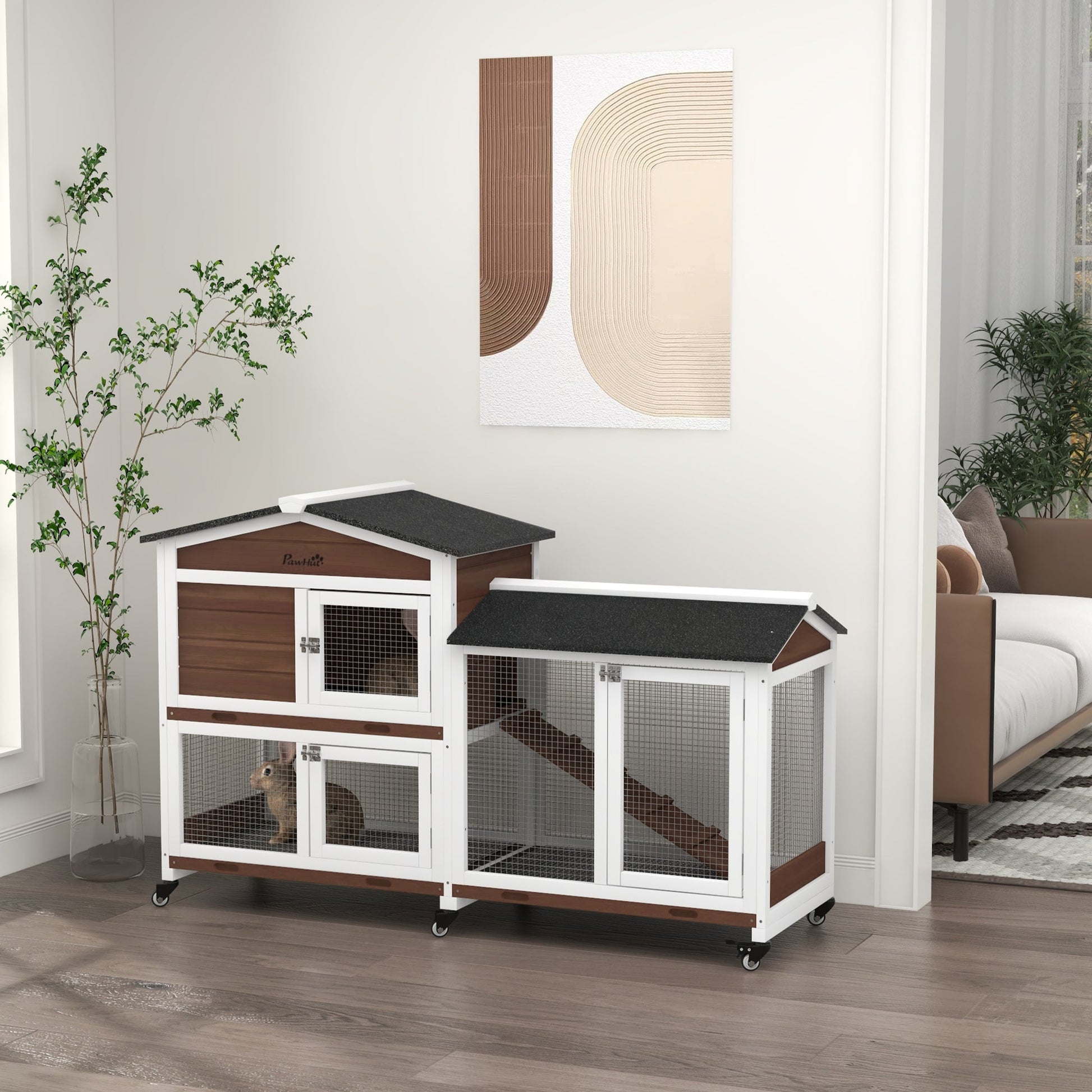 Rabbit Hutch Outdoor with Run Guinea Pig Hutch 2-Tier Bunny Cage w/ Wheels No-Leak Plastic Tray 157.4 x 53 x 99.5 cm - Brown