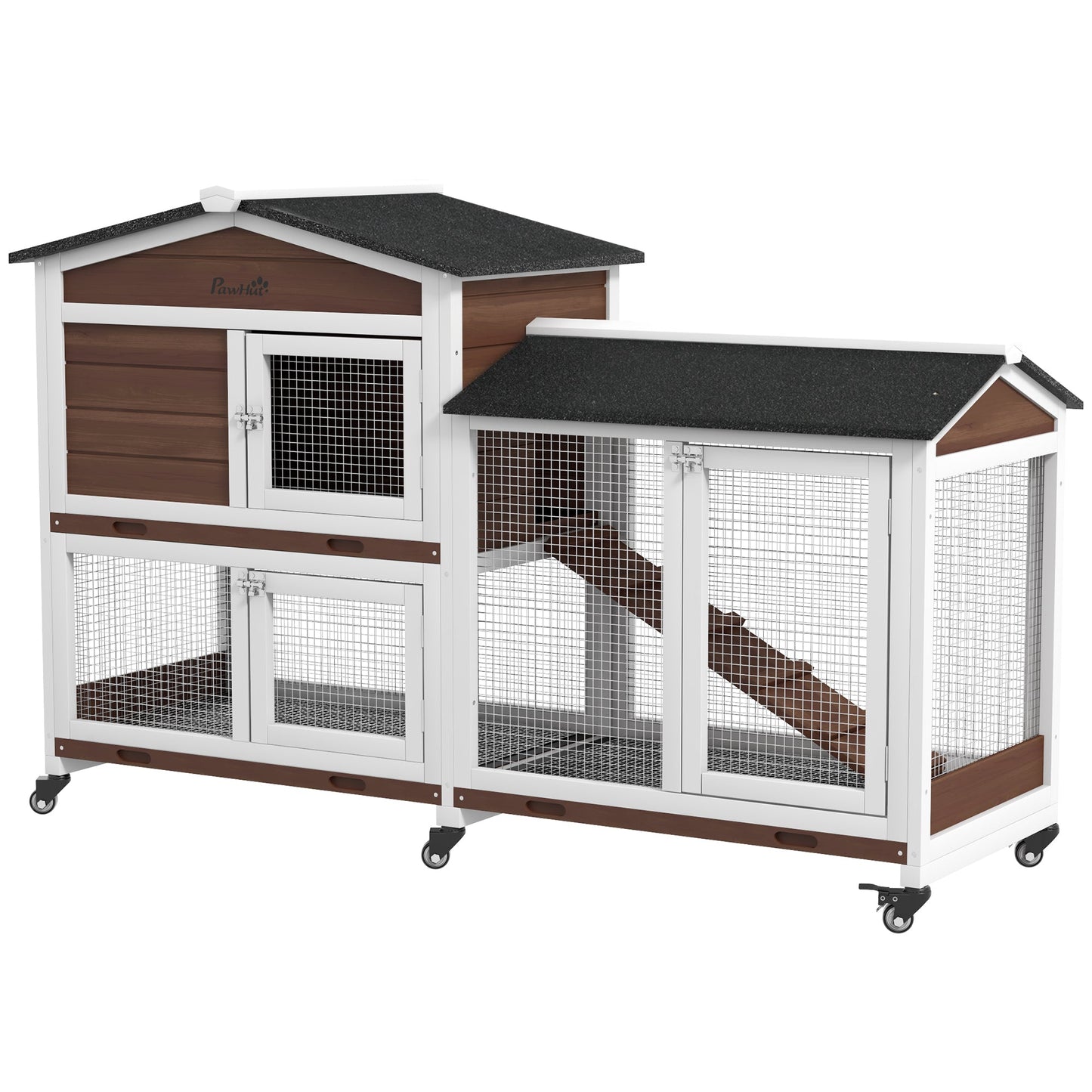 Rabbit Hutch Outdoor with Run Guinea Pig Hutch 2-Tier Bunny Cage w/ Wheels No-Leak Plastic Tray 157.4 x 53 x 99.5 cm - Brown