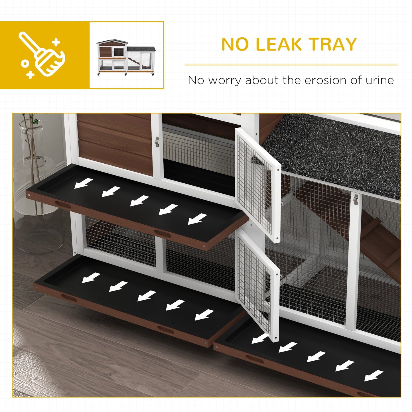 Rabbit Hutch Outdoor with Run Guinea Pig Hutch 2-Tier Bunny Cage w/ Wheels No-Leak Plastic Tray 157.4 x 53 x 99.5 cm - Brown