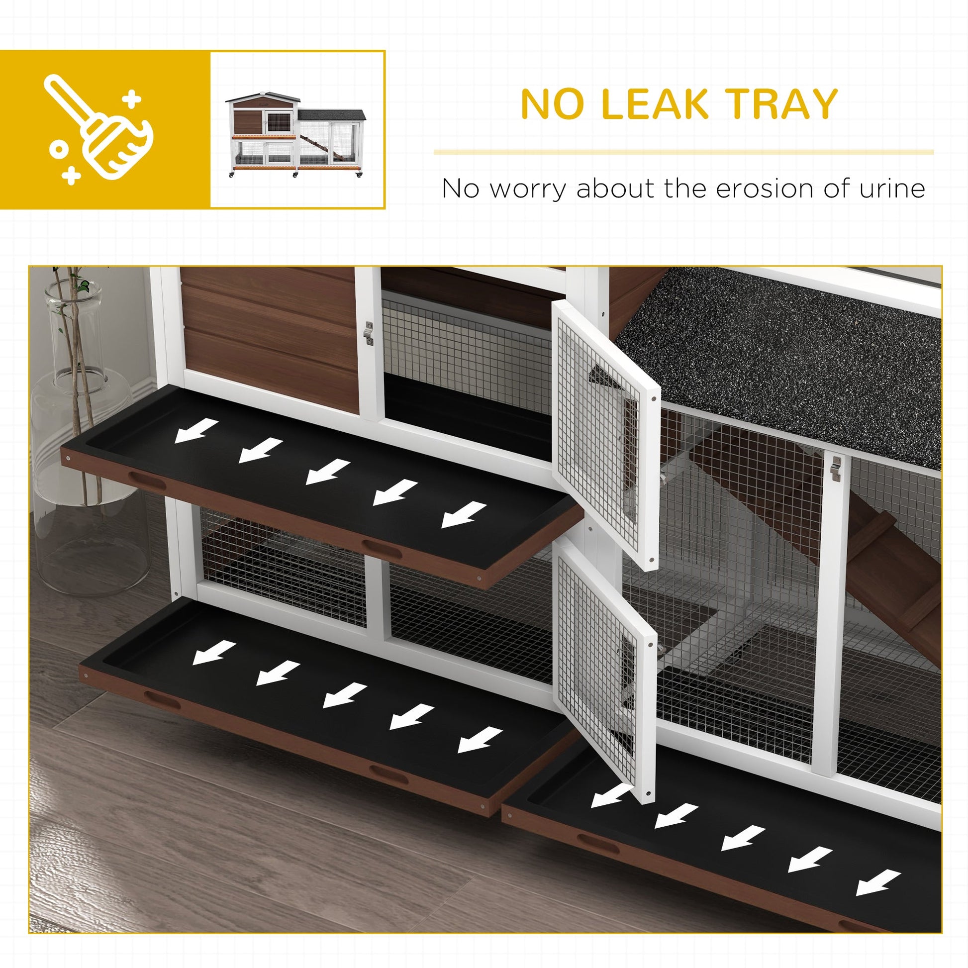 Rabbit Hutch Outdoor with Run Guinea Pig Hutch 2-Tier Bunny Cage w/ Wheels No-Leak Plastic Tray 157.4 x 53 x 99.5 cm - Brown