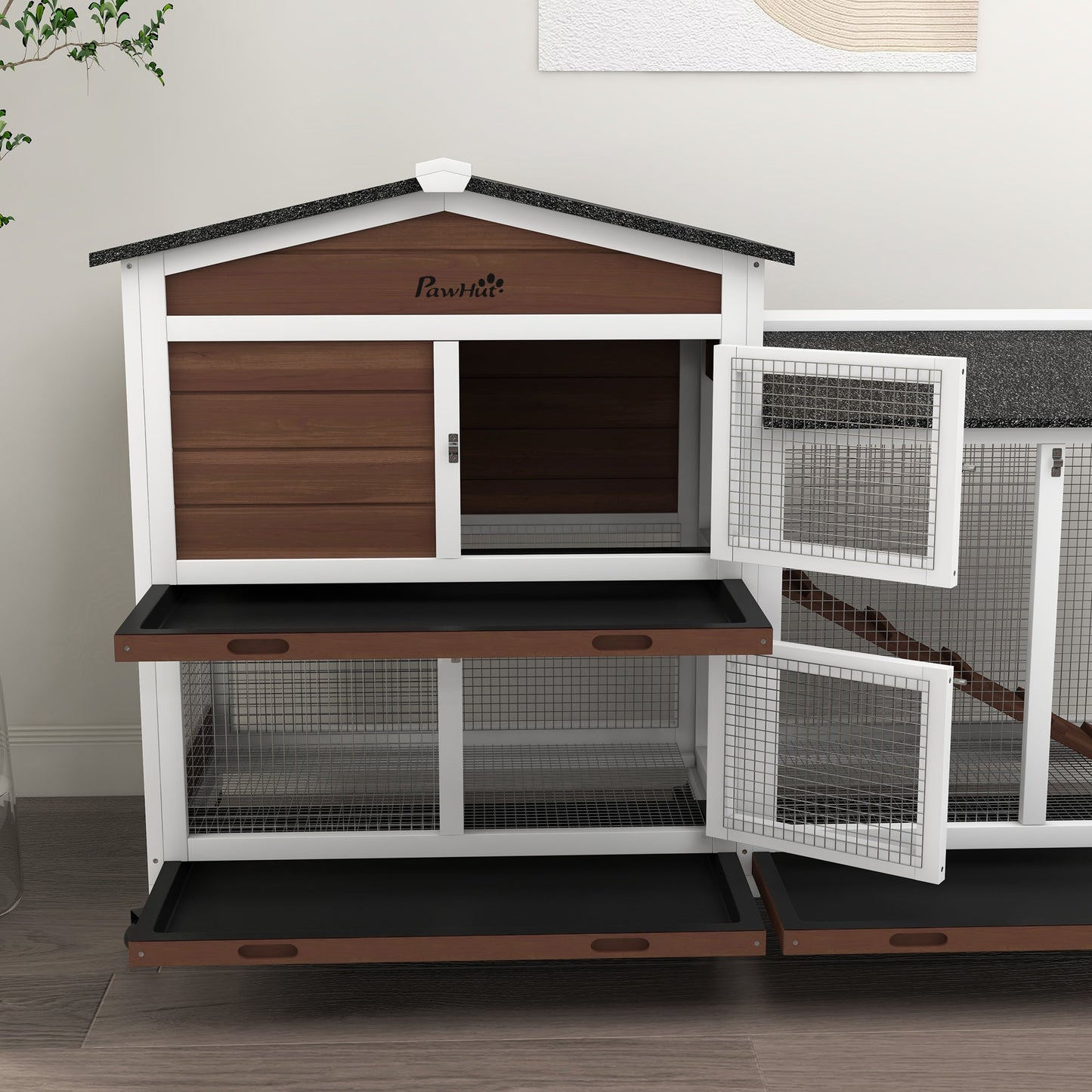 Rabbit Hutch Outdoor with Run Guinea Pig Hutch 2-Tier Bunny Cage w/ Wheels No-Leak Plastic Tray 157.4 x 53 x 99.5 cm - Brown