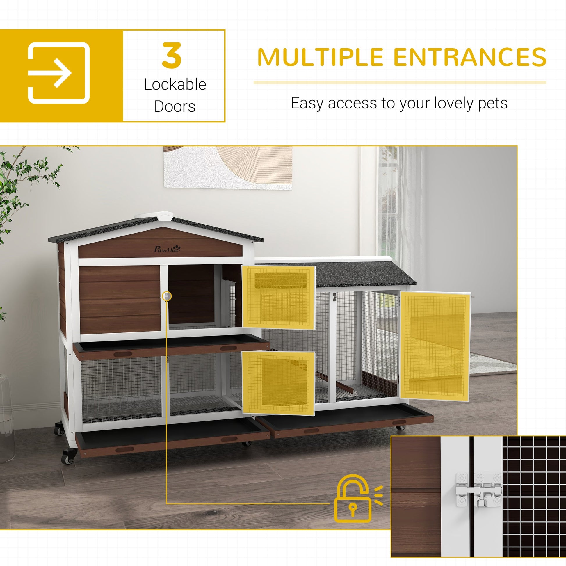 Rabbit Hutch Outdoor with Run Guinea Pig Hutch 2-Tier Bunny Cage w/ Wheels No-Leak Plastic Tray 157.4 x 53 x 99.5 cm - Brown