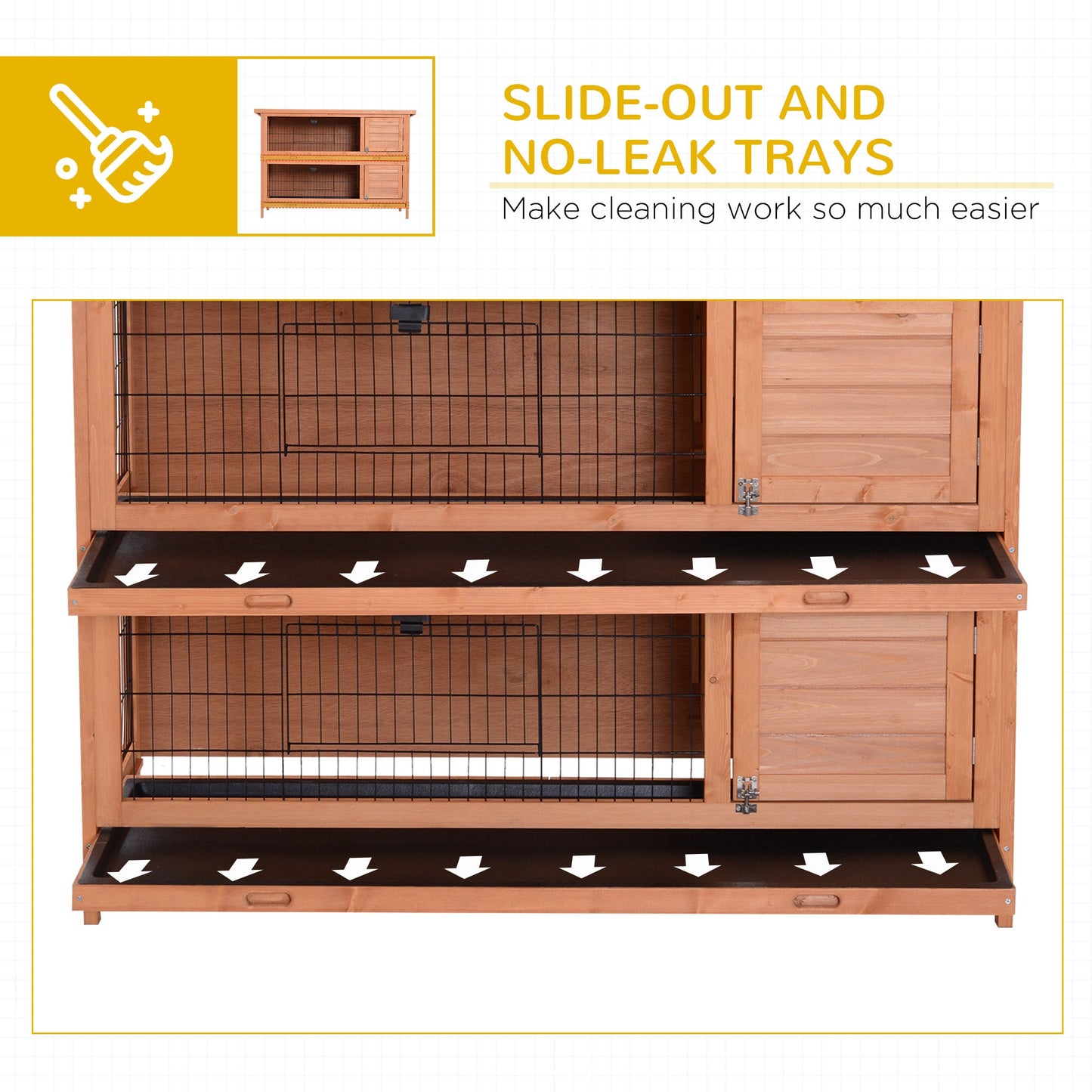 Rabbit Hutch Outdoor Guinea Pig Hutch Bunny Cage with No-Leak Trays, Divider, 136 x 50 x 93cm, Orange