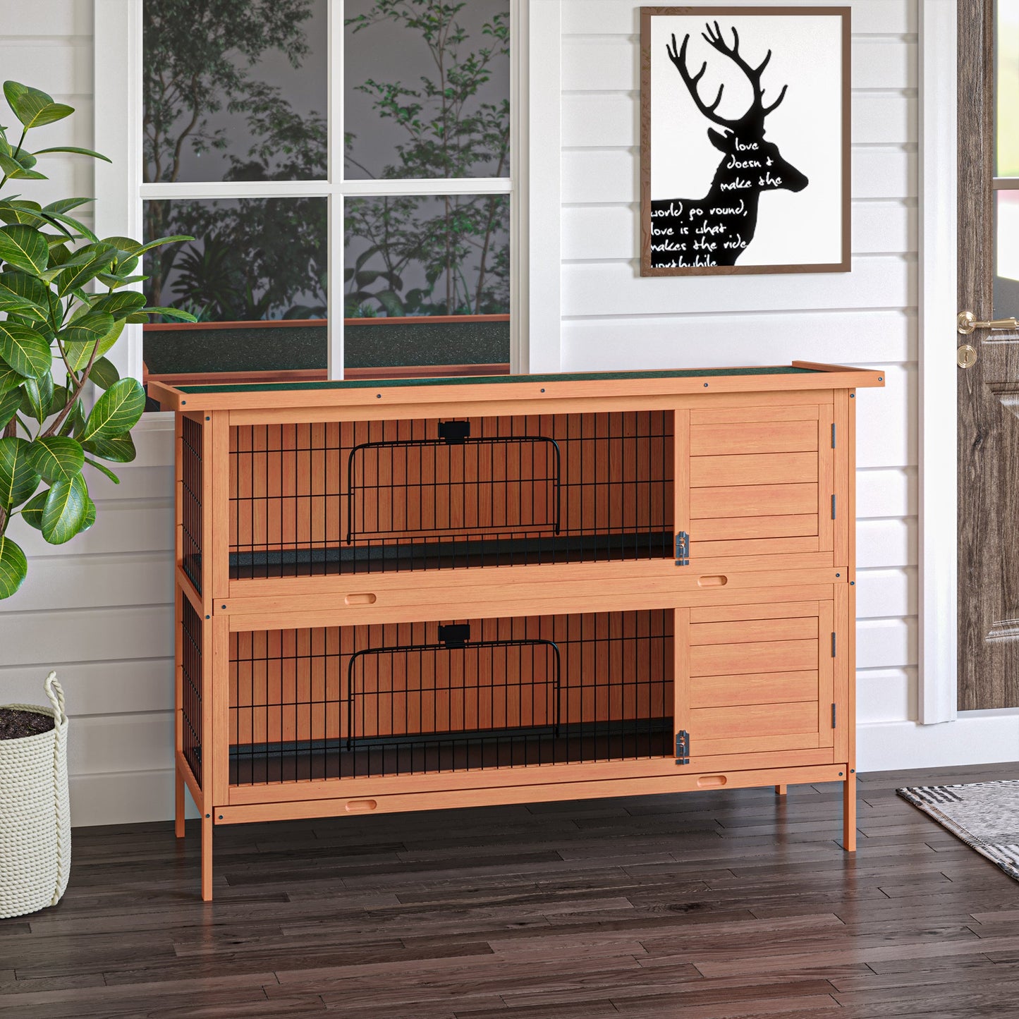 Rabbit Hutch Outdoor Guinea Pig Hutch Bunny Cage with No-Leak Trays, Divider, 136 x 50 x 93cm, Orange