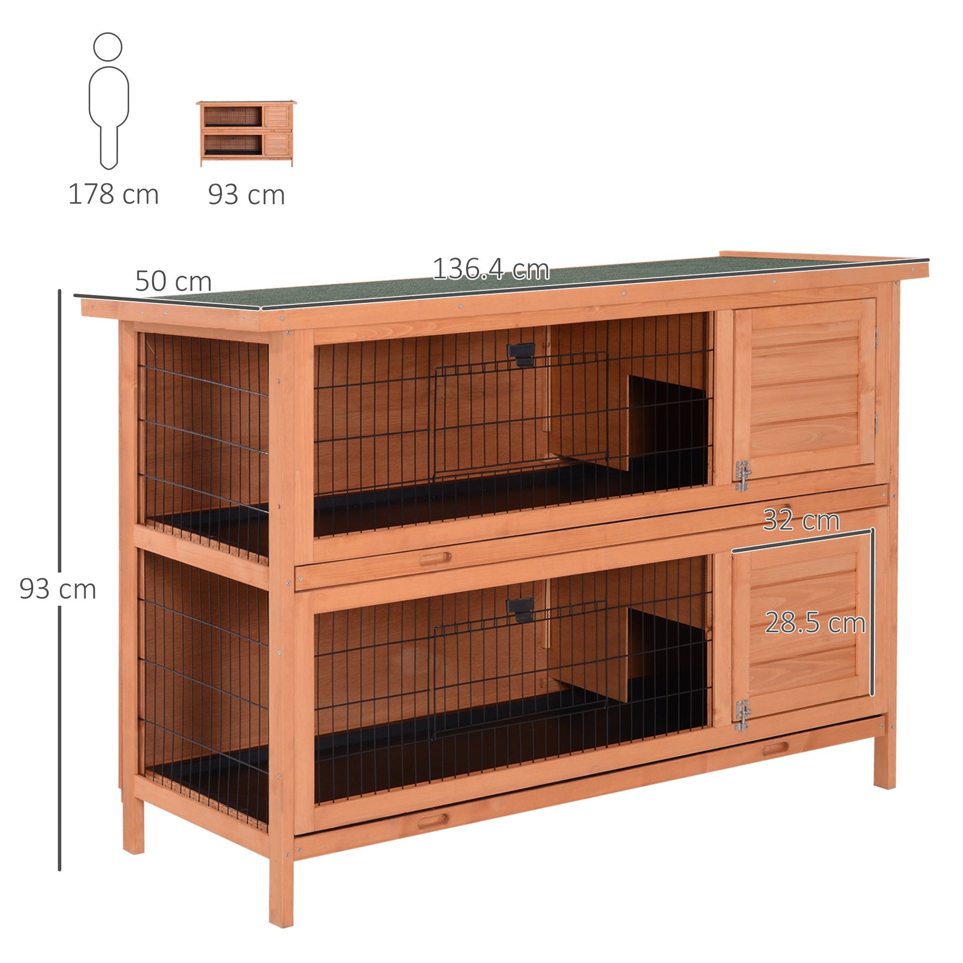 Rabbit Hutch Outdoor Guinea Pig Hutch Bunny Cage with No-Leak Trays, Divider, 136 x 50 x 93cm, Orange