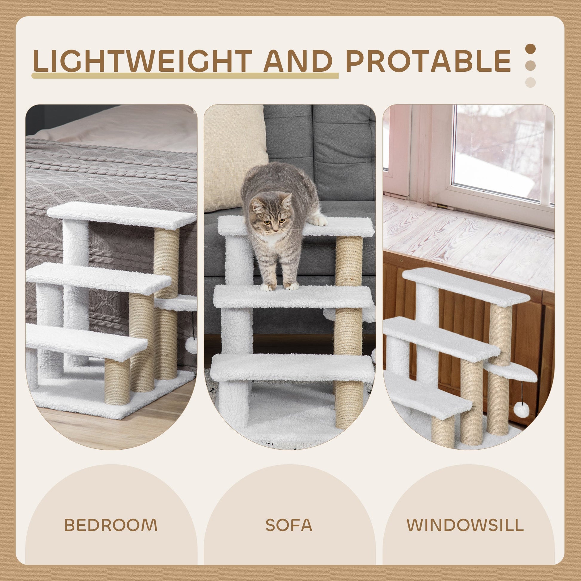 Pet Stair, Cat Tree with 3-step Climb Ladder, Scratching Posts, Platforms, Toy Ball, for Indoor Elderly Cats Kittens, White