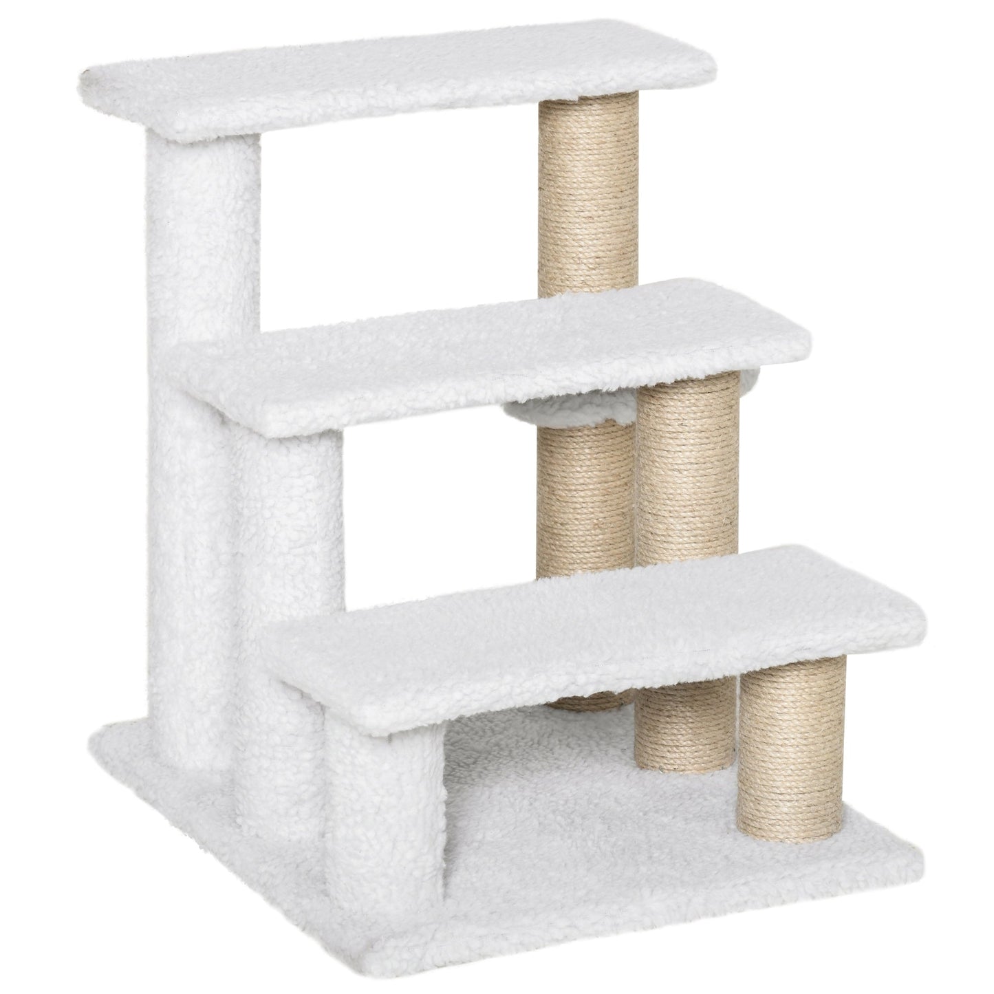 Pet Stair, Cat Tree with 3-step Climb Ladder, Scratching Posts, Platforms, Toy Ball, for Indoor Elderly Cats Kittens, White