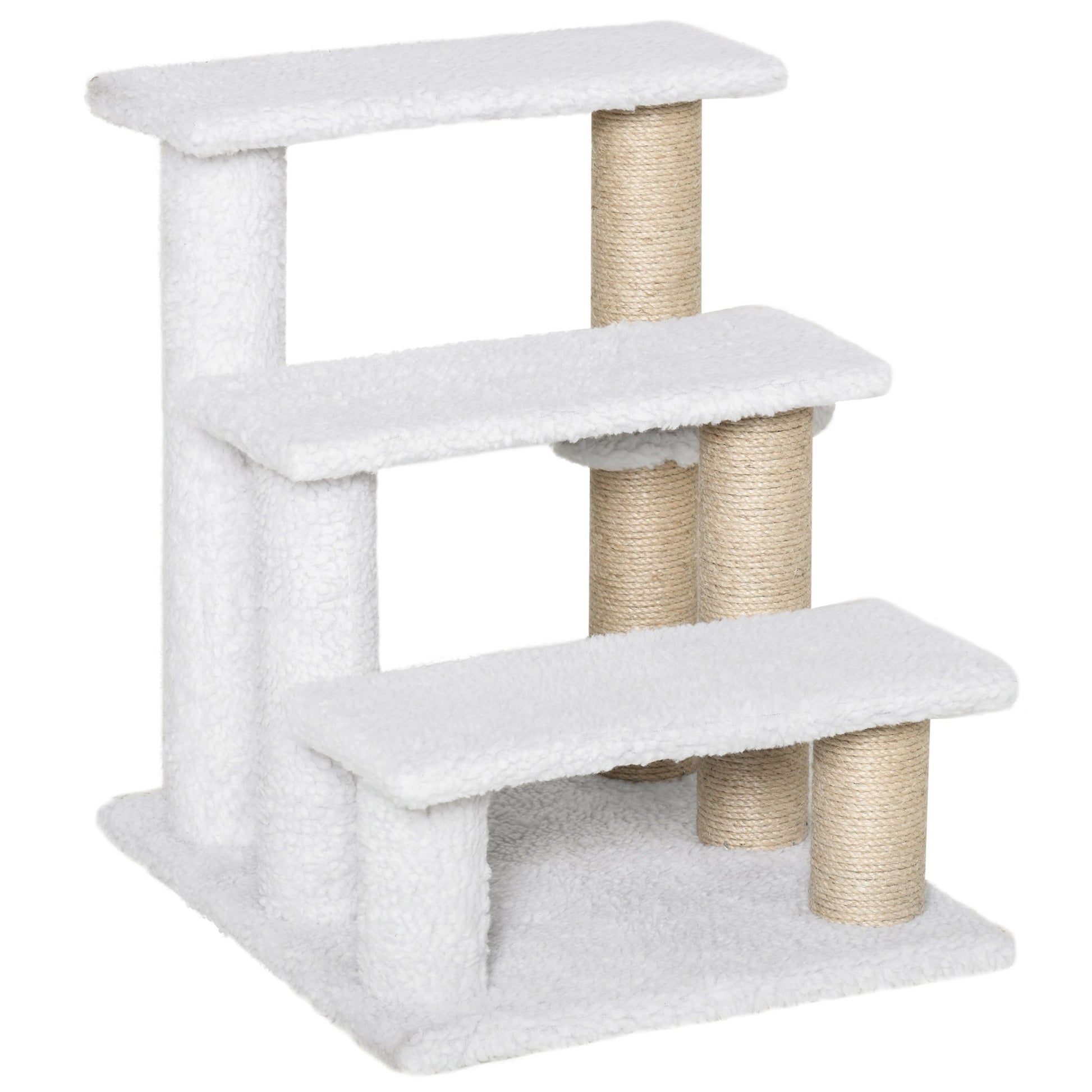 Pet Stair, Cat Tree with 3-step Climb Ladder, Scratching Posts, Platforms, Toy Ball, for Indoor Elderly Cats Kittens, White