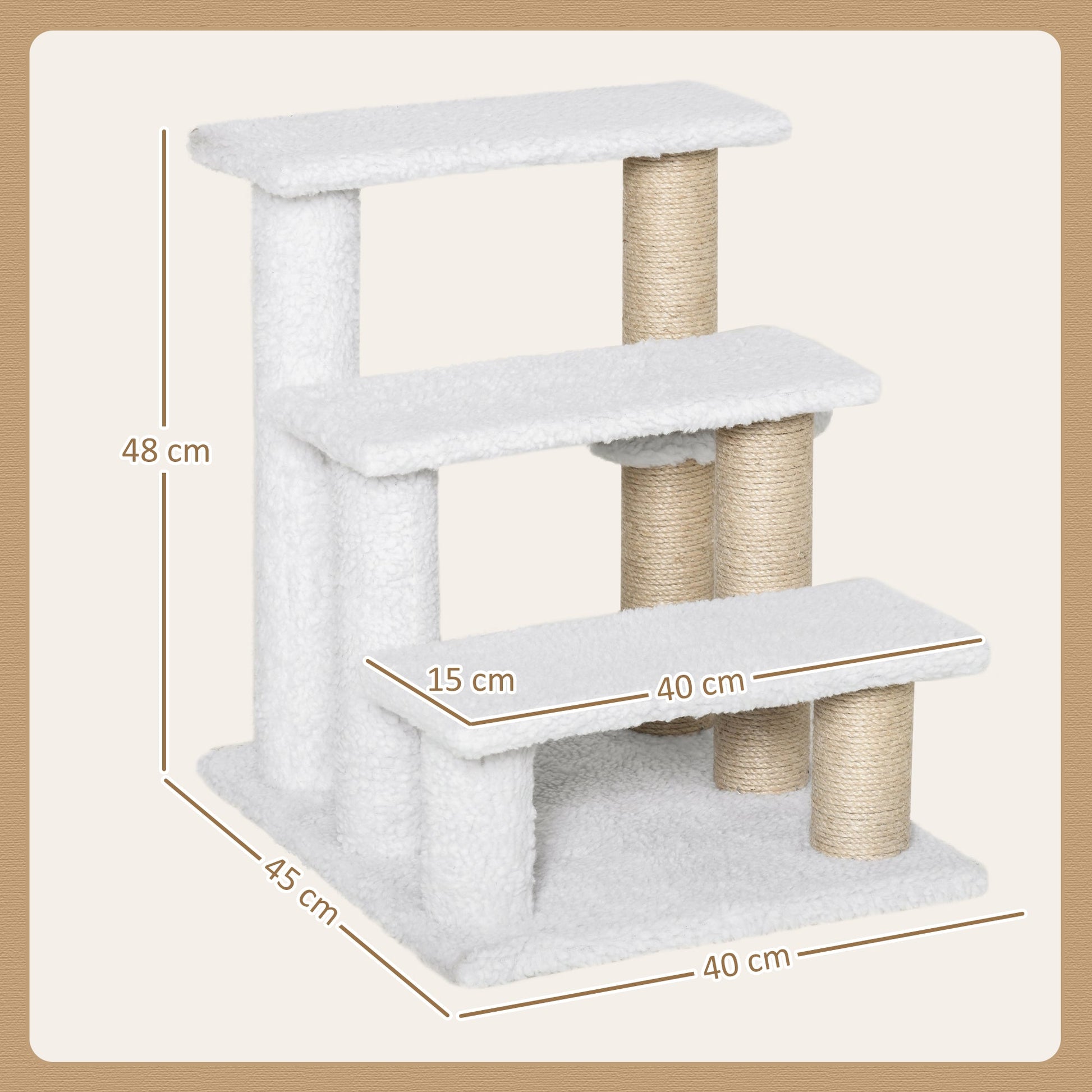 Pet Stair, Cat Tree with 3-step Climb Ladder, Scratching Posts, Platforms, Toy Ball, for Indoor Elderly Cats Kittens, White