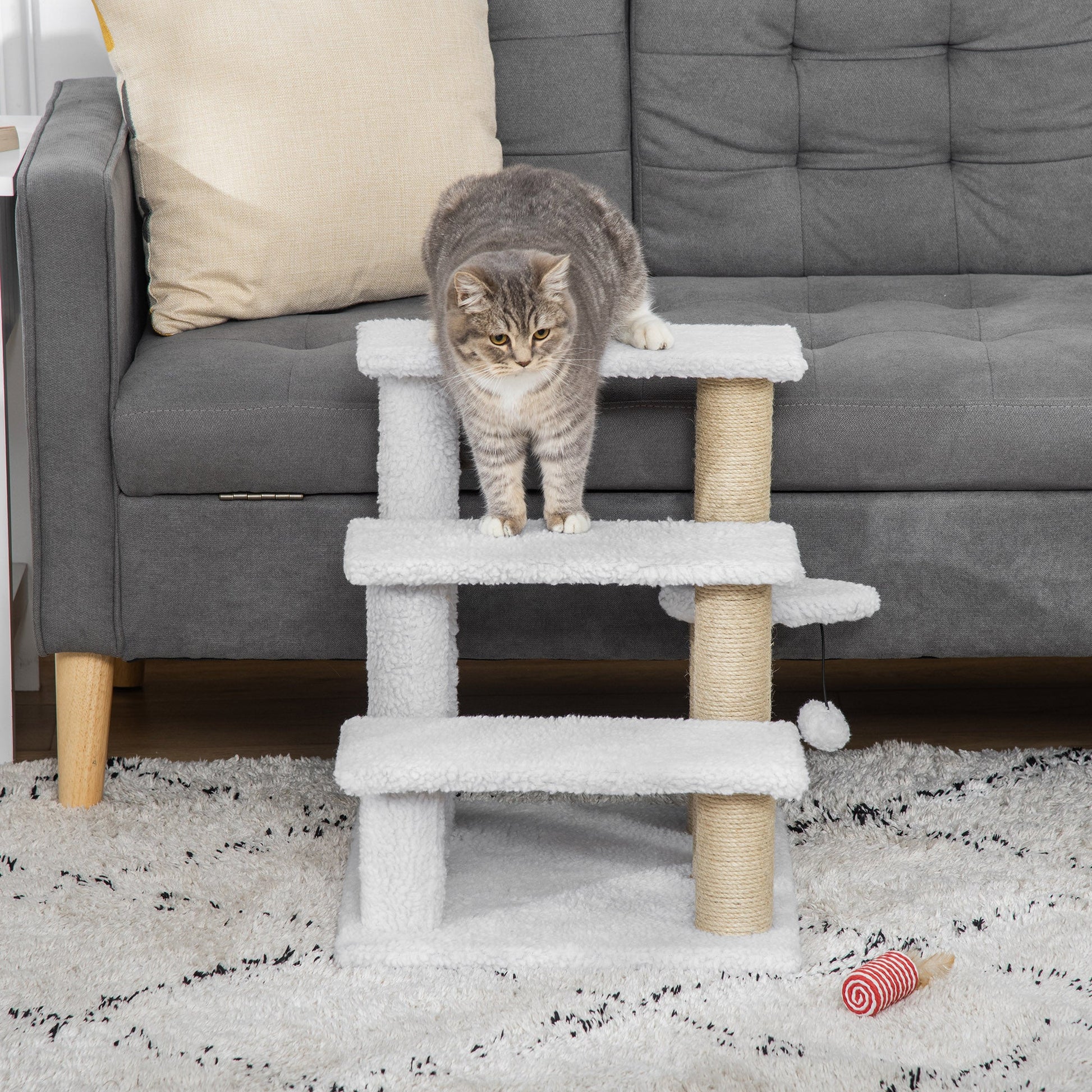 Pet Stair, Cat Tree with 3-step Climb Ladder, Scratching Posts, Platforms, Toy Ball, for Indoor Elderly Cats Kittens, White