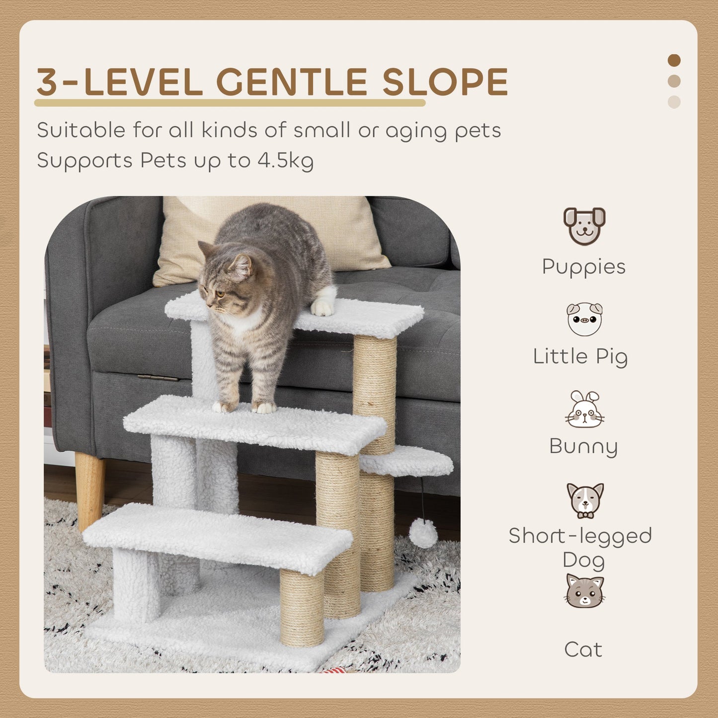 Pet Stair, Cat Tree with 3-step Climb Ladder, Scratching Posts, Platforms, Toy Ball, for Indoor Elderly Cats Kittens, White