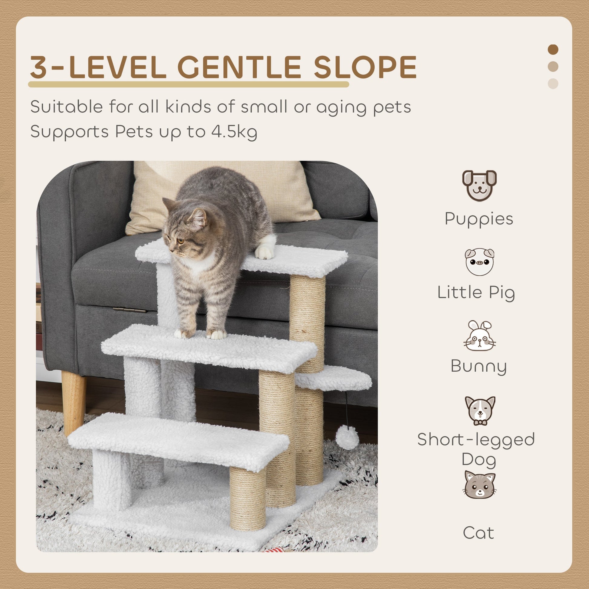 Pet Stair, Cat Tree with 3-step Climb Ladder, Scratching Posts, Platforms, Toy Ball, for Indoor Elderly Cats Kittens, White