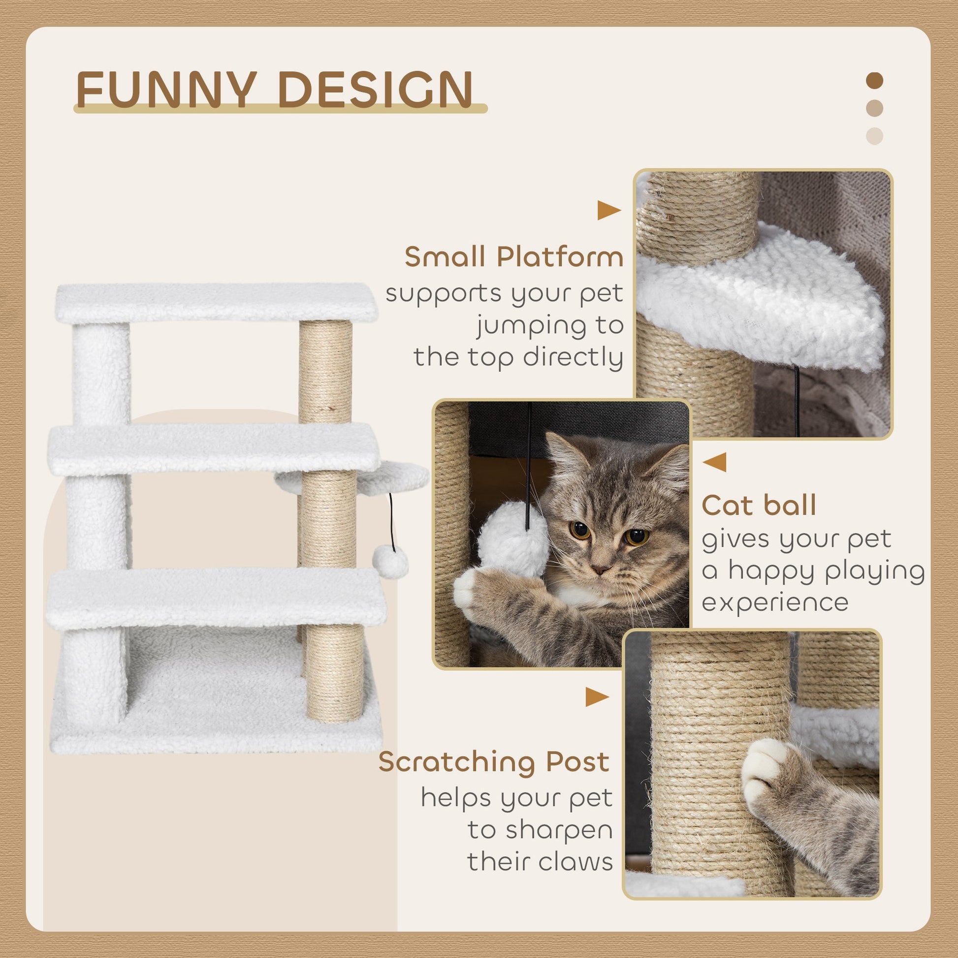 Pet Stair, Cat Tree with 3-step Climb Ladder, Scratching Posts, Platforms, Toy Ball, for Indoor Elderly Cats Kittens, White