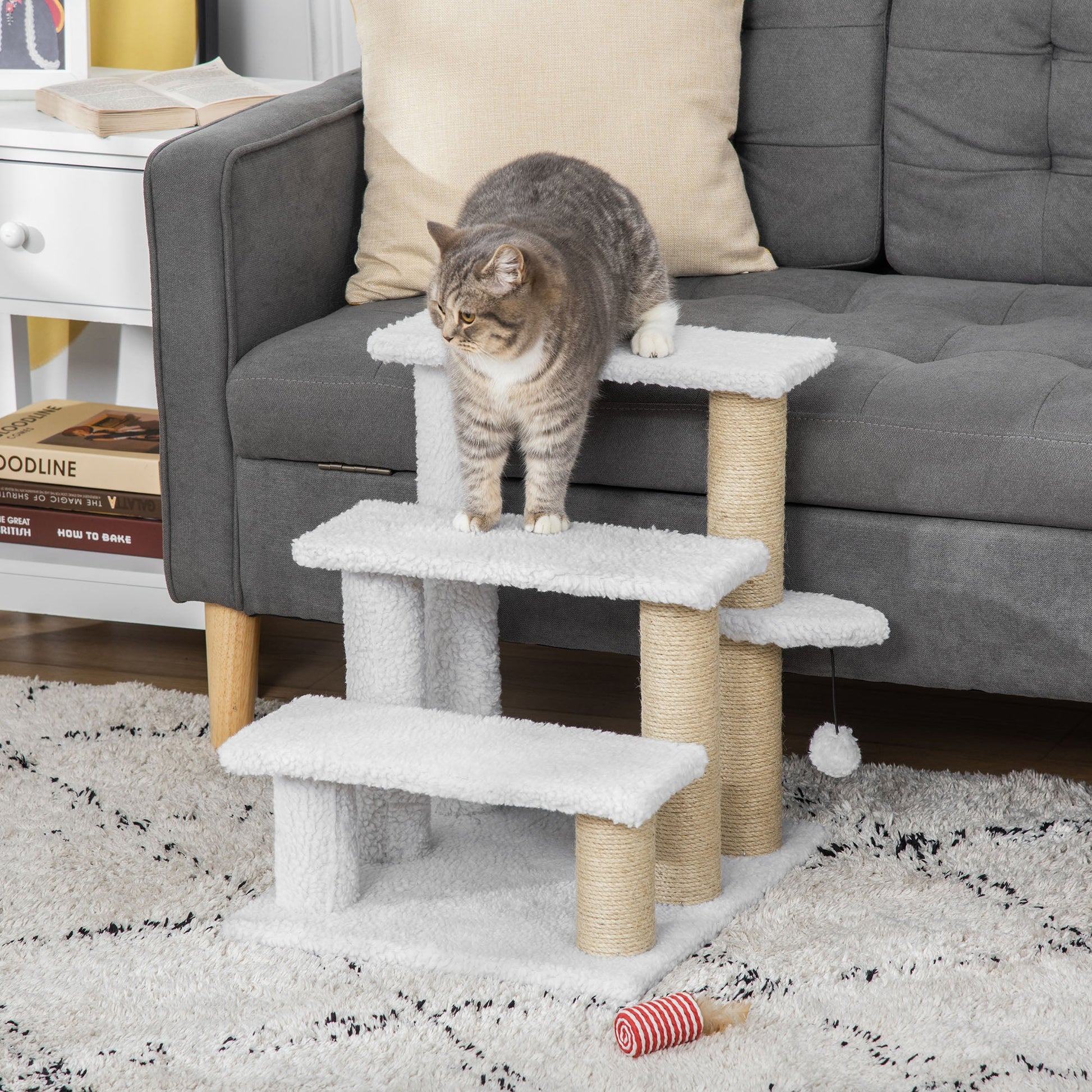 Pet Stair, Cat Tree with 3-step Climb Ladder, Scratching Posts, Platforms, Toy Ball, for Indoor Elderly Cats Kittens, White