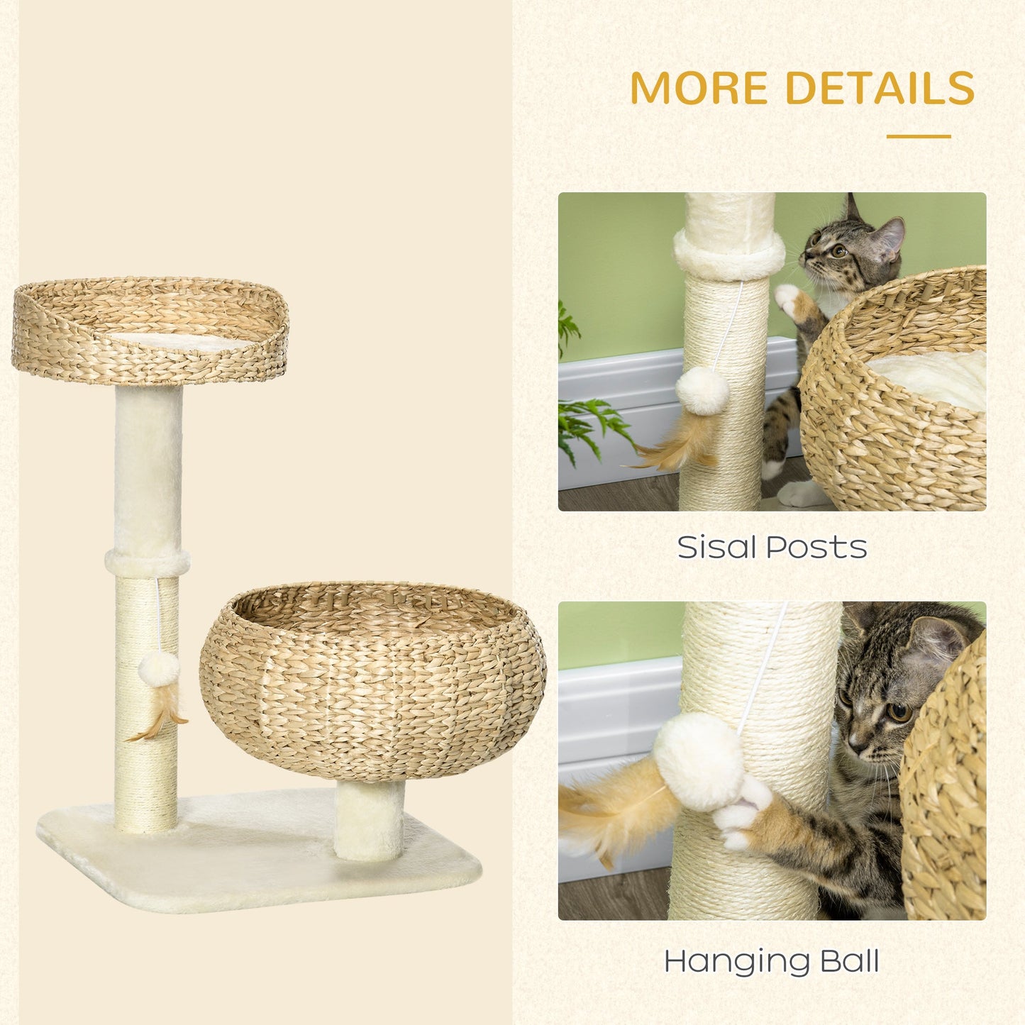 72cm Cat Tree with 2 Beds, Cat Tower with Scratching Post, Toy Ball for for Indoor Kittens - Beige