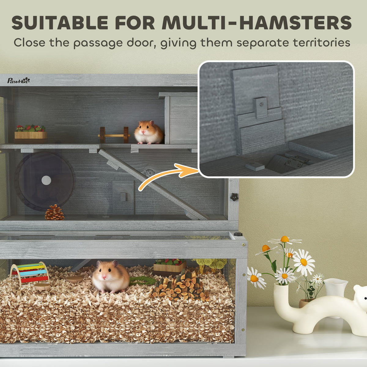 Wooden Hamster Cage, Large Gerbil Cage with Hut, Wheel, Ramps, 3 Tier Small Animal Habitat with Removable Viewing Panels, 80 x 50 x 84 cm, Grey