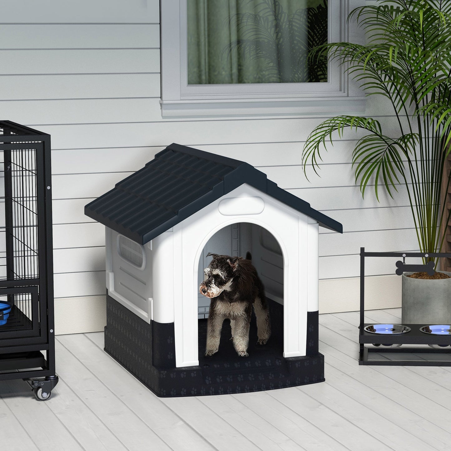 Dog Kennel for Outside, Plastic Dog House, Water-Resistant Pet Shelter with Windows, for Garden Patio, Miniature and Small Dogs, 80 x 69 x 76cm - Grey