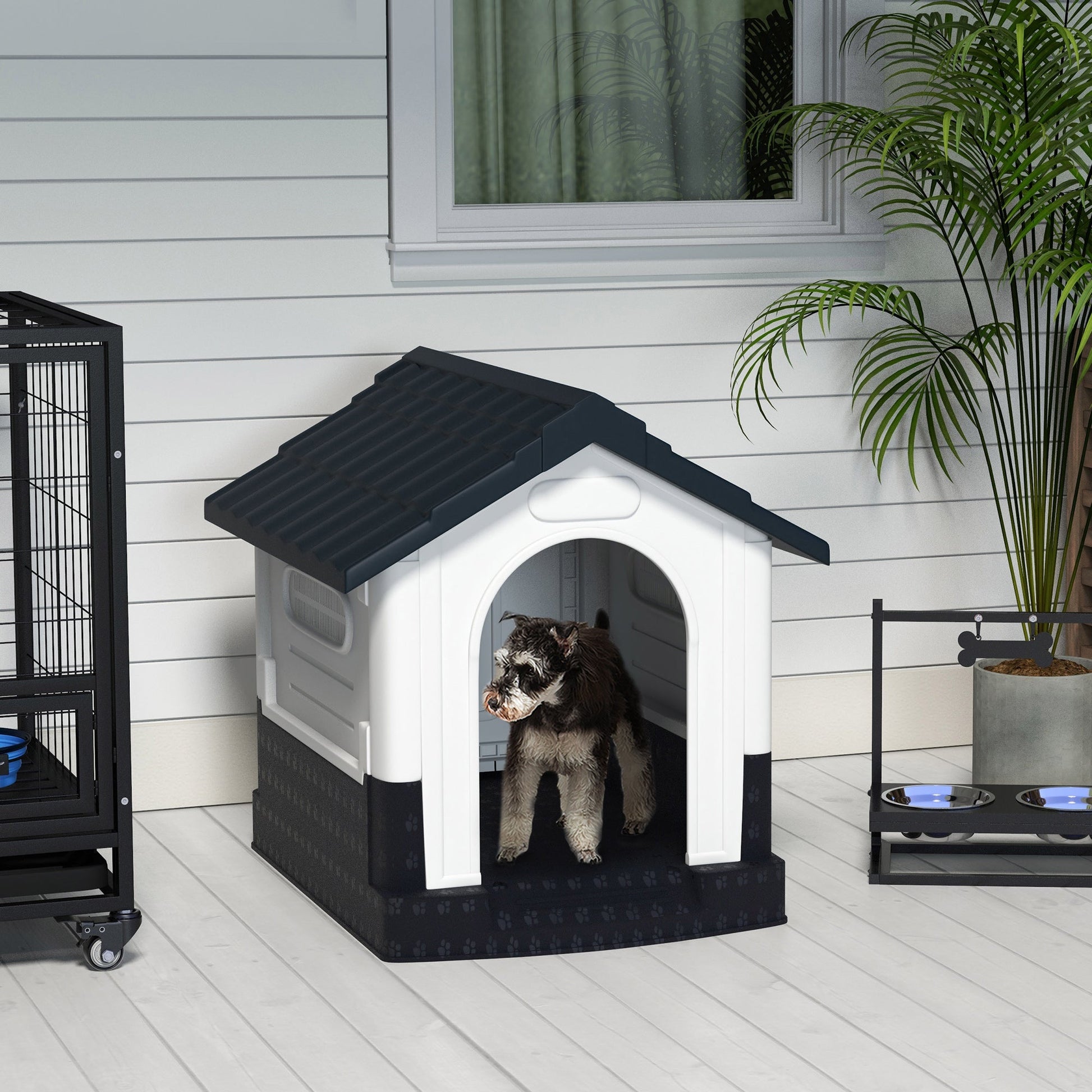 Dog Kennel for Outside, Plastic Dog House, Water-Resistant Pet Shelter with Windows, for Garden Patio, Miniature and Small Dogs, 80 x 69 x 76cm - Grey