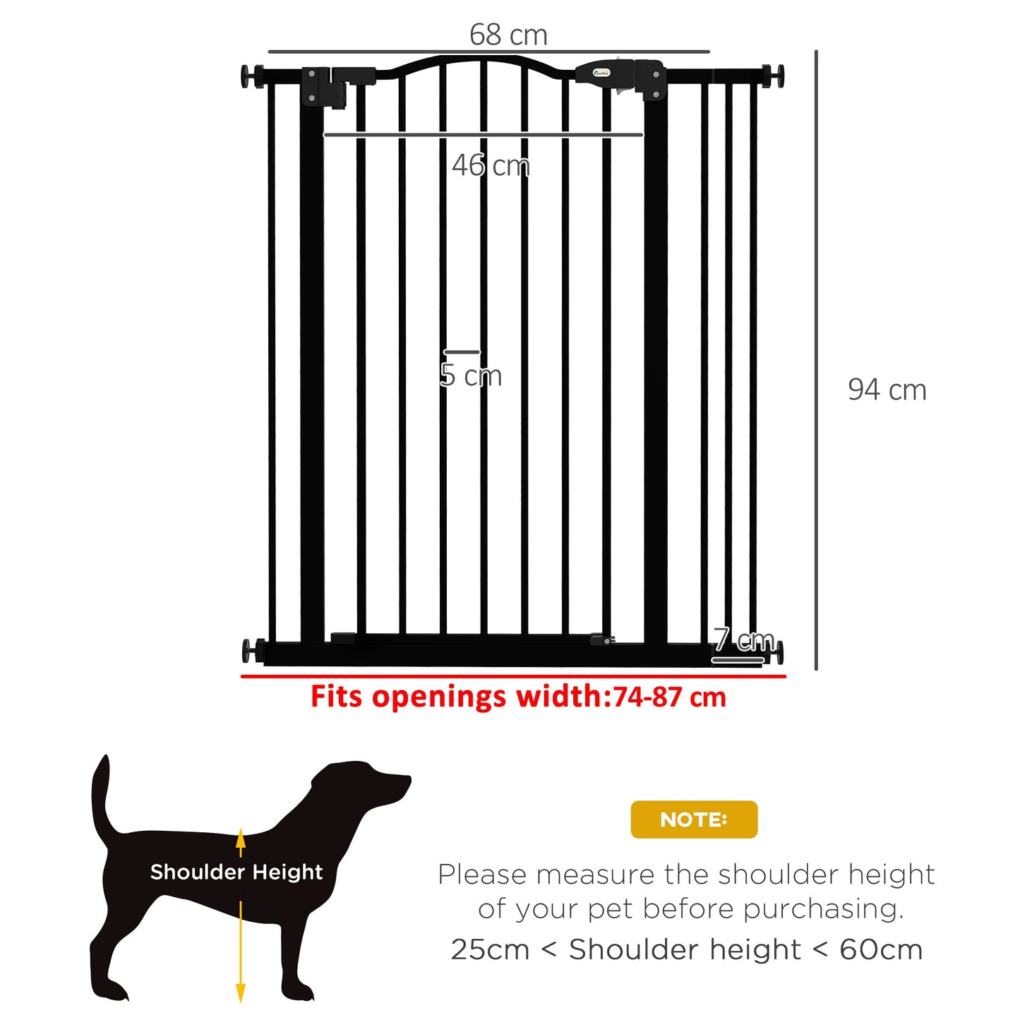 Pressure Fit Dog Stair Gate No Drilling Safety Gate Auto Close for Doorways, Hallways, 74-87cm Adjustable, 94cm Tall, Black