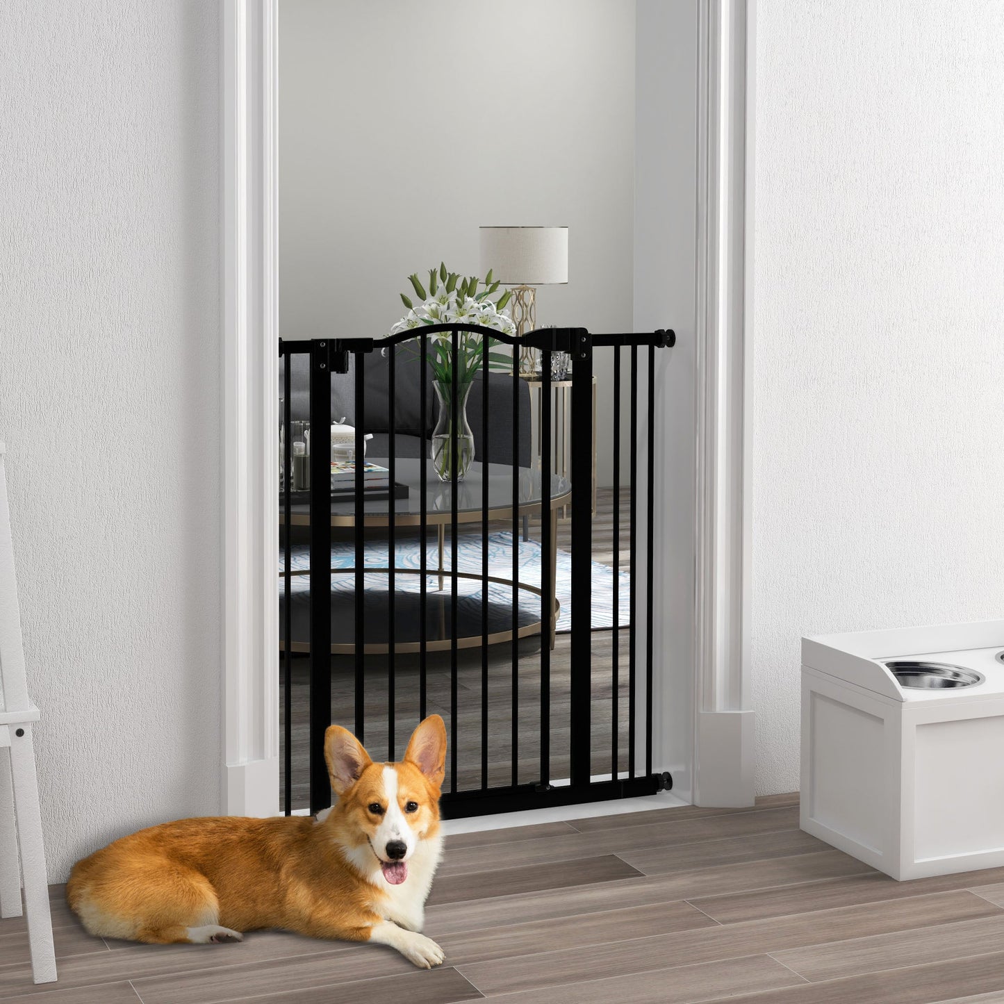 Pressure Fit Dog Stair Gate No Drilling Safety Gate Auto Close for Doorways, Hallways, 74-87cm Adjustable, 94cm Tall, Black