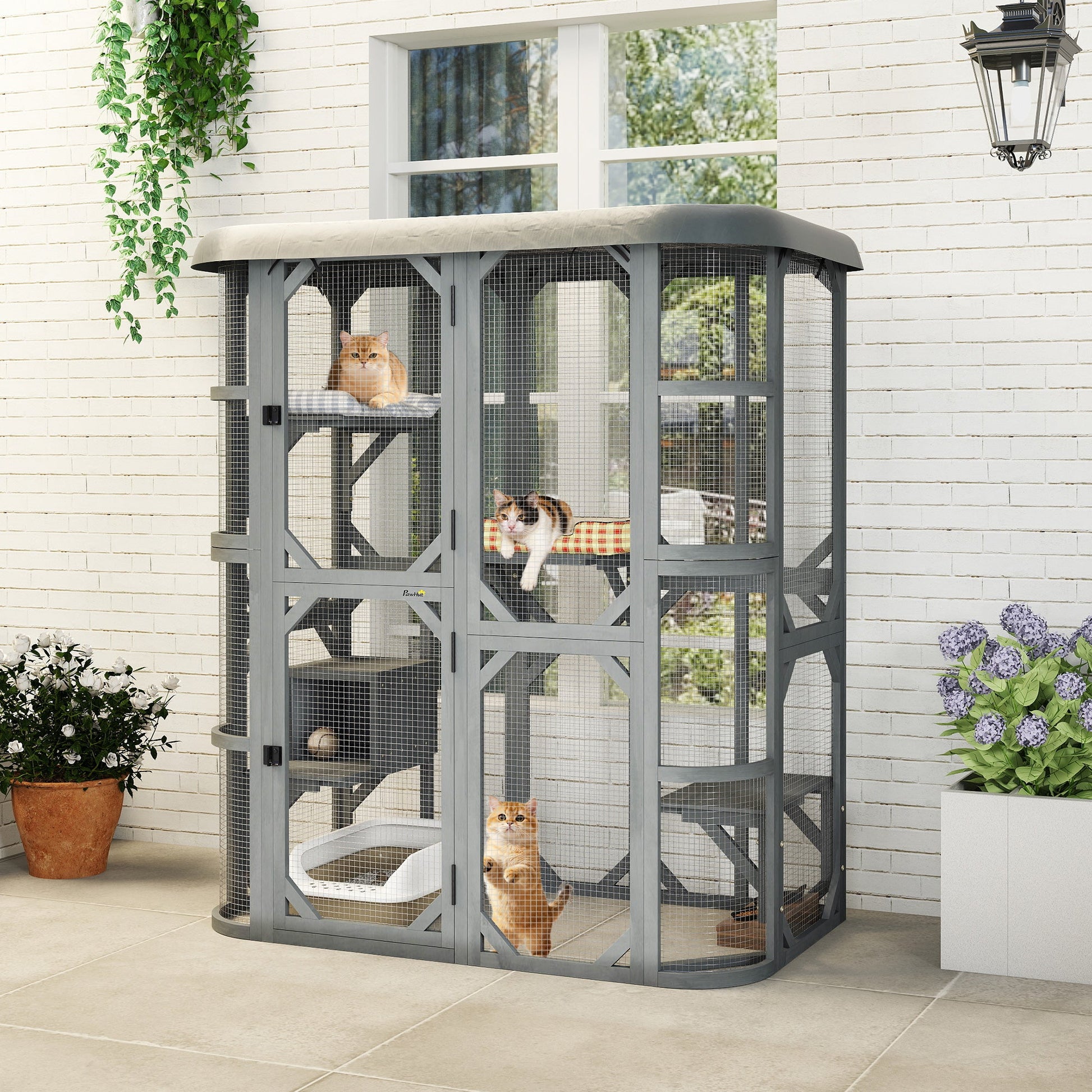 Walk-in Catio, Outdoor Cat Enclosure with 4 Jumping Platforms, Condo and Waterproof Cover, Outdoor Indoor Large Cat House for 2–3 Kittens, 156 x 80x 180 cm, Grey