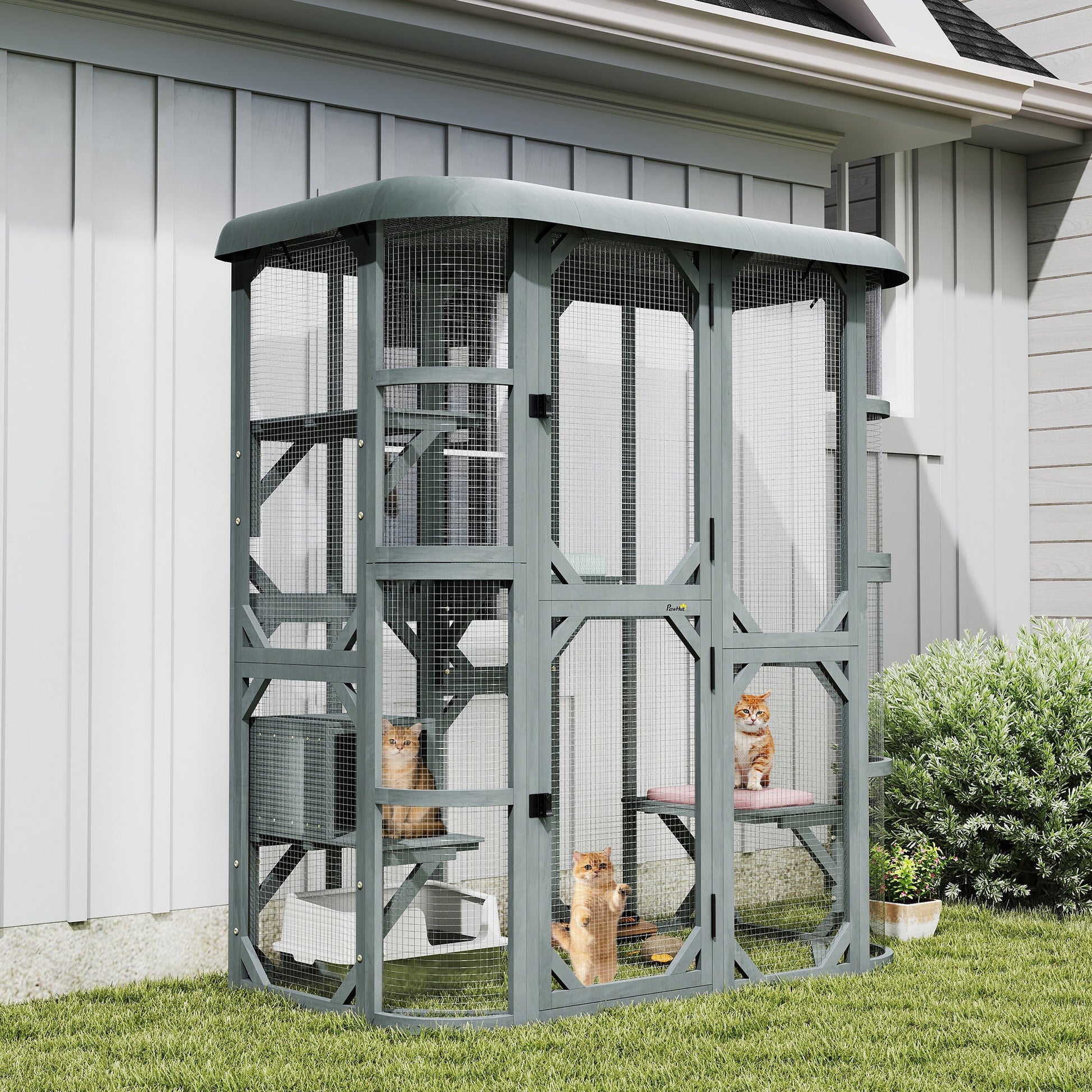 Walk-in Catio, Outdoor Cat Enclosure with 4 Jumping Platforms, Condo and Waterproof Cover, Outdoor Indoor Large Cat House for 2–3 Kittens, 156 x 80x 180 cm, Grey