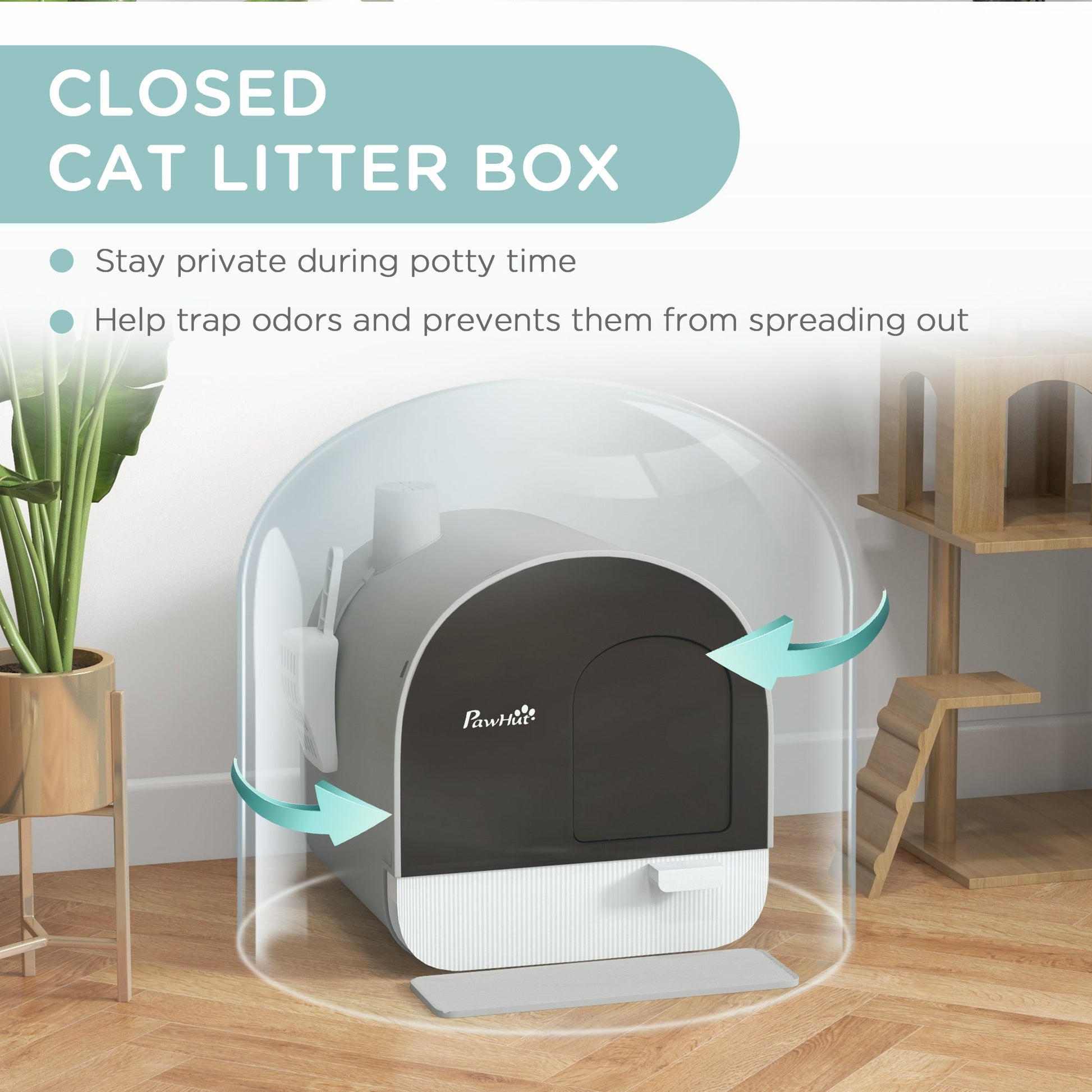 Cat Litter Box Kitten Litter Tray w/ Hood, Scoop, Filter, Flap Door, 43 x 44 x 47cm - Light Grey