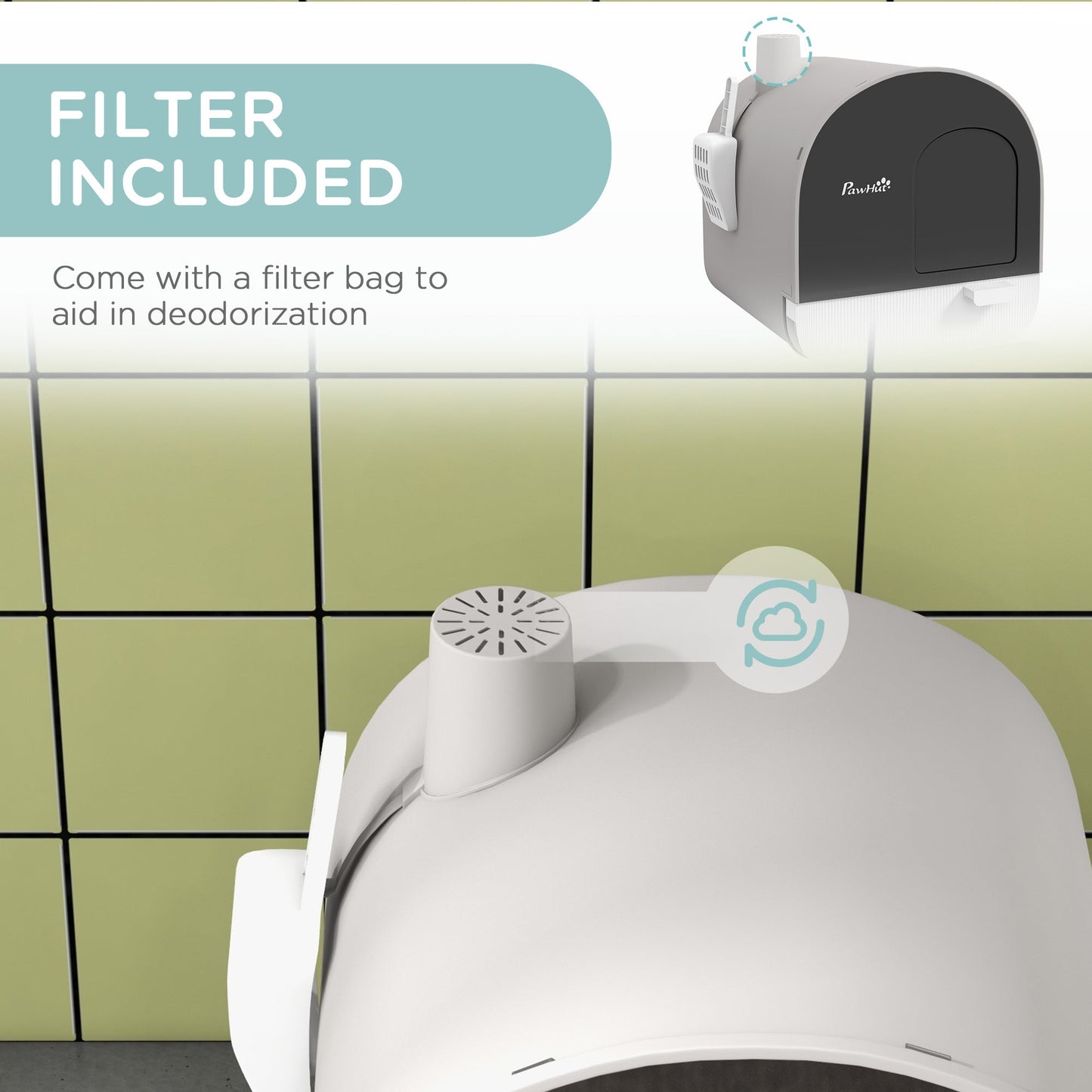 Cat Litter Box Kitten Litter Tray w/ Hood, Scoop, Filter, Flap Door, 43 x 44 x 47cm - Light Grey