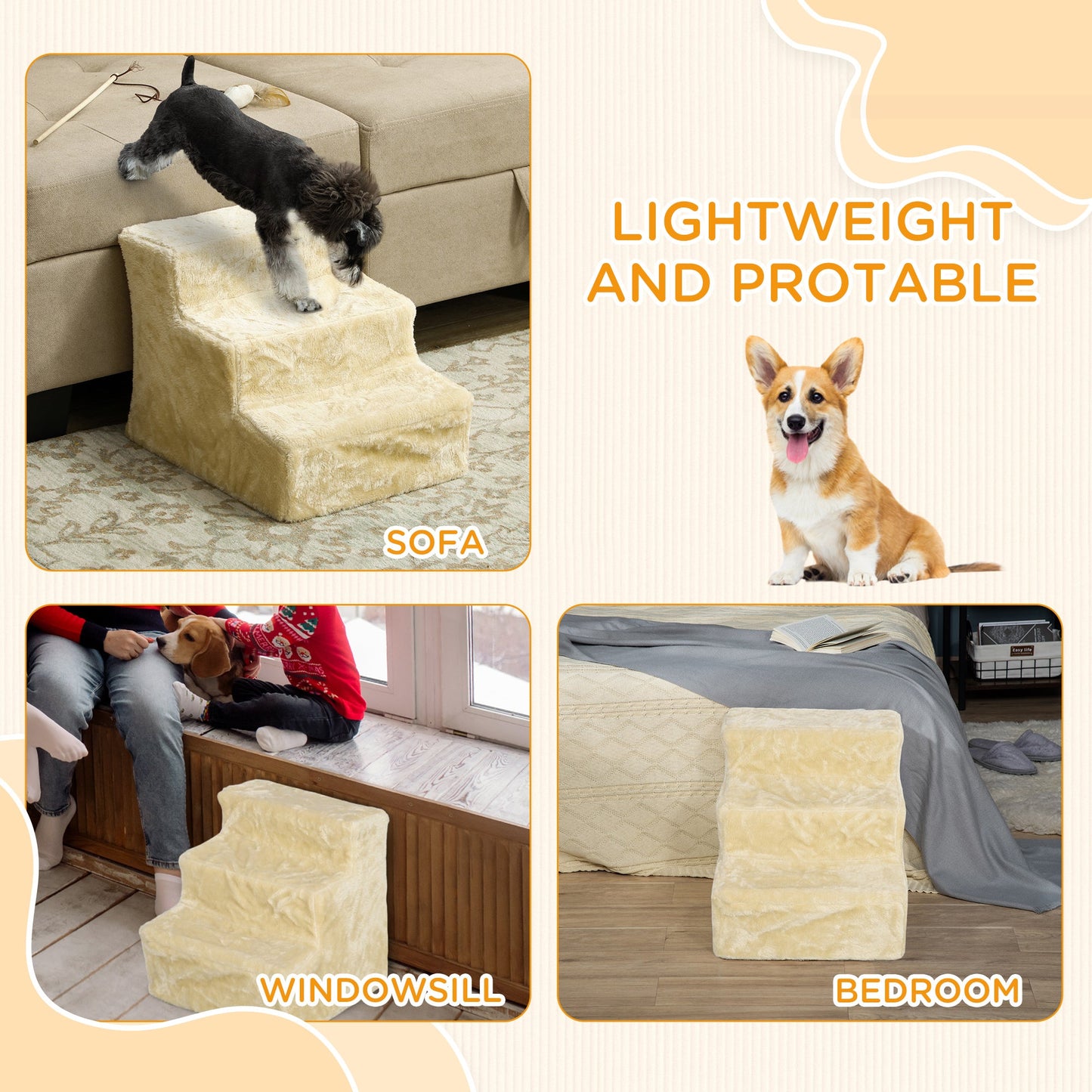 Dog Steps for Sofa, 3 Steps Dog Stairs, Pet Stairs, with Washable Plush Cover, for Small Breeds, Cats - Beige