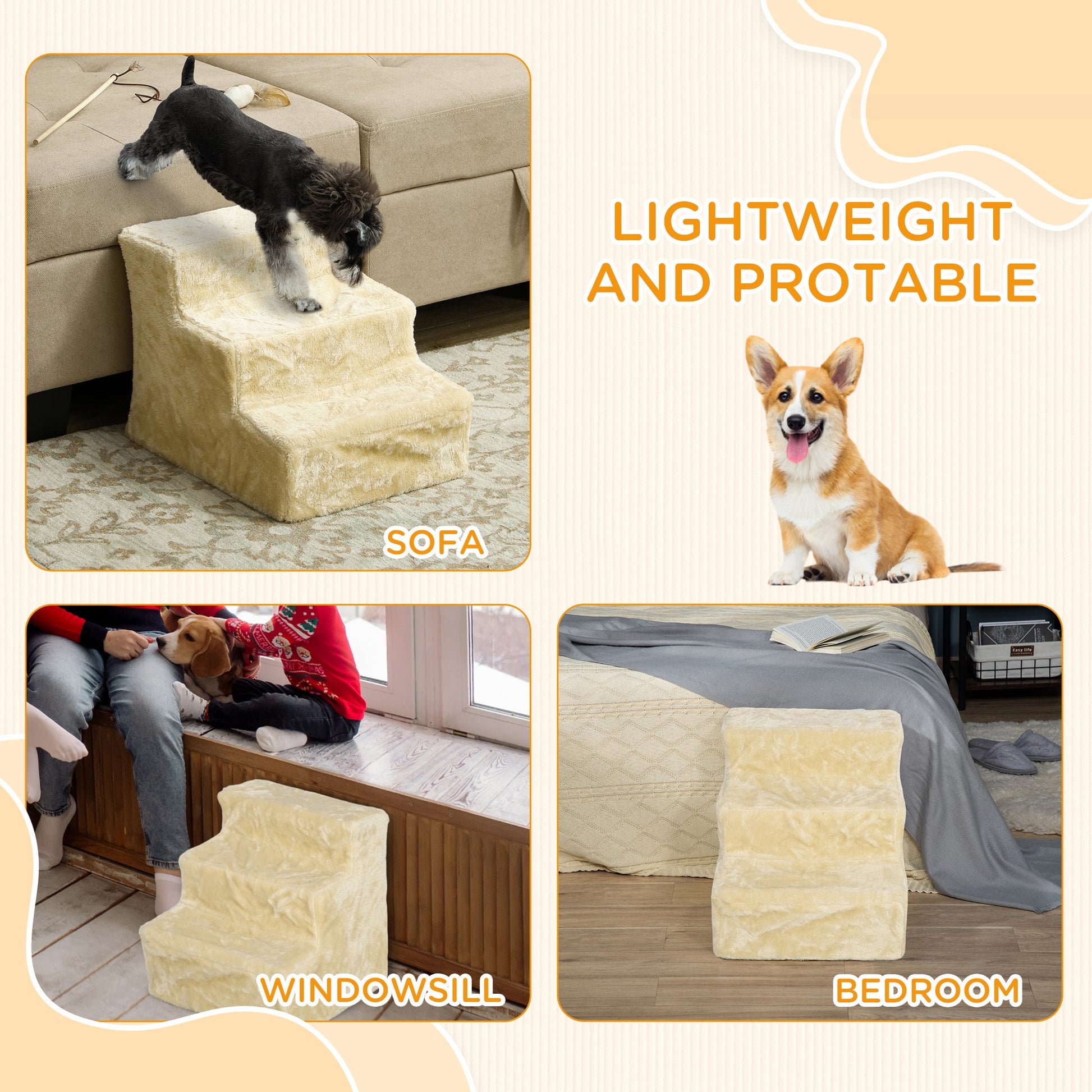 Dog Steps for Sofa, 3 Steps Dog Stairs, Pet Stairs, with Washable Plush Cover, for Small Breeds, Cats - Beige