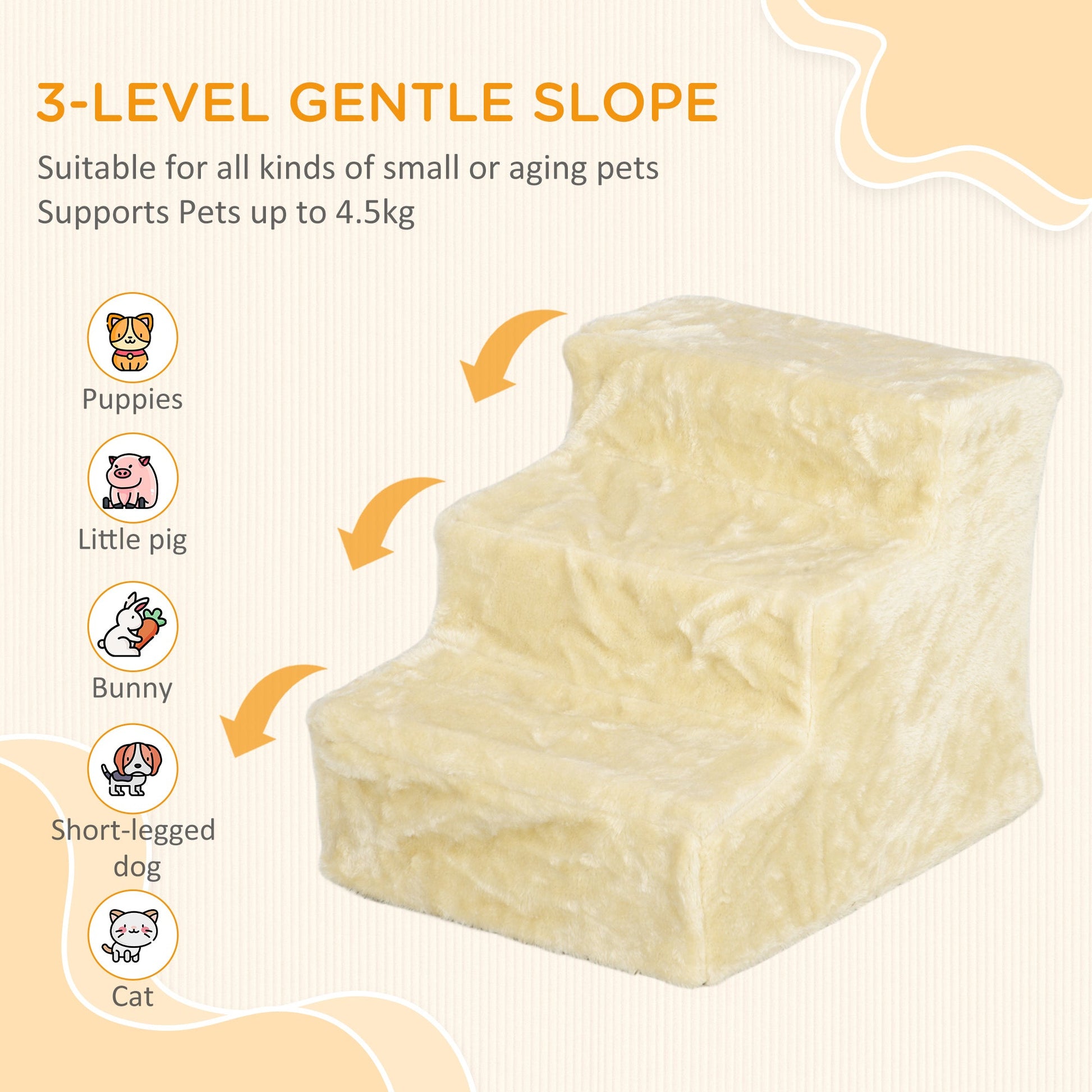 Dog Steps for Sofa, 3 Steps Dog Stairs, Pet Stairs, with Washable Plush Cover, for Small Breeds, Cats - Beige