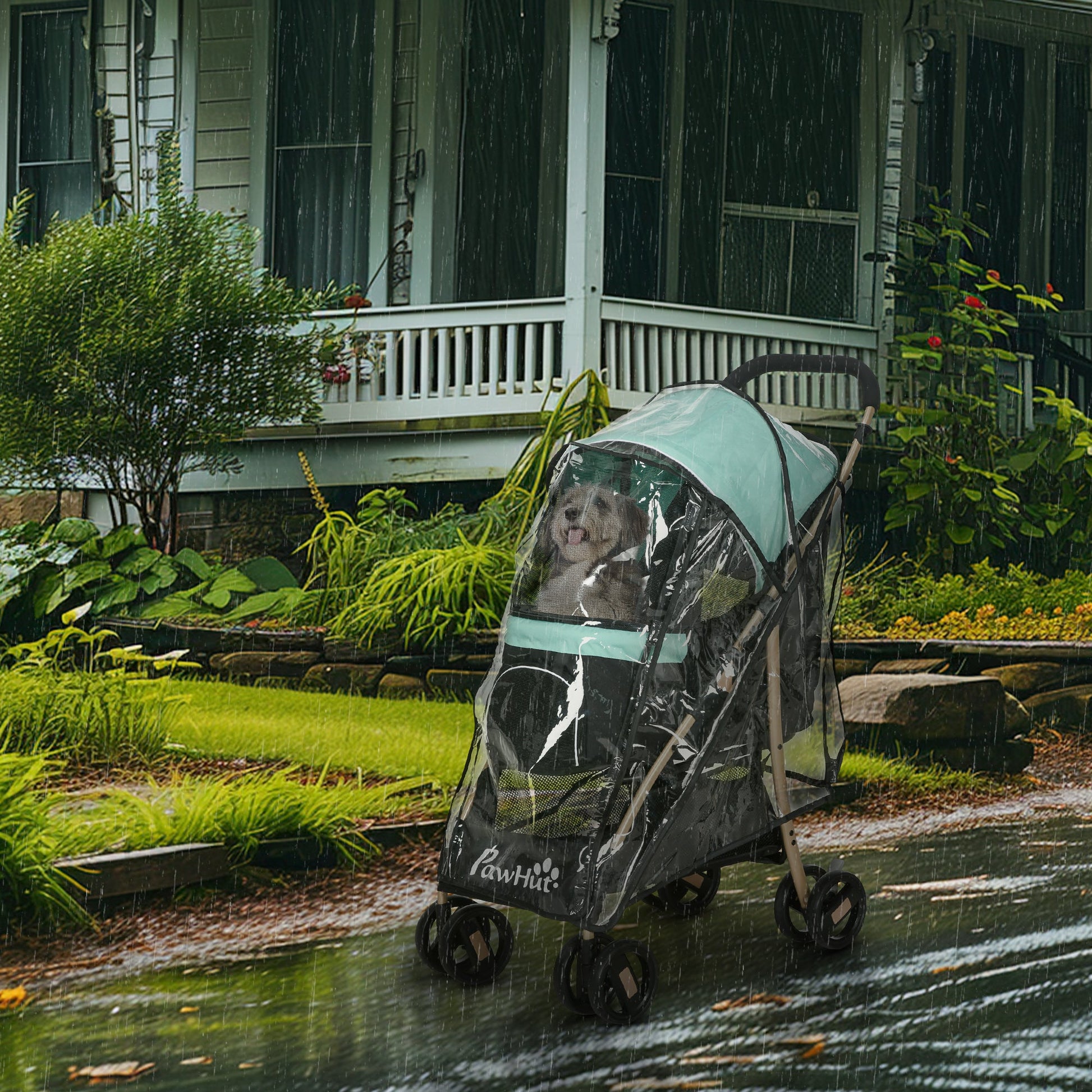Dog Stroller with Rain Cover, Foldable Dog Pram, 4 Wheels Pet Pushchair with Safety Leashes, for Small, Miniature Dogs, Cats - Green