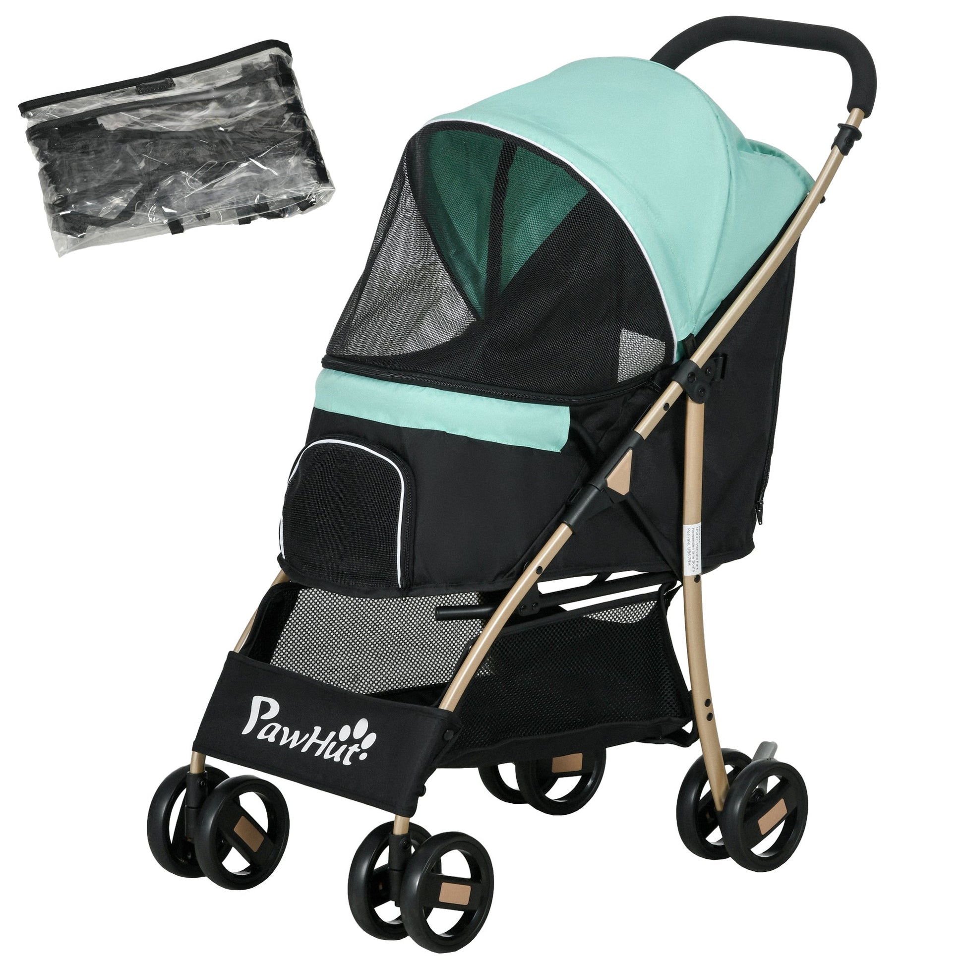 Dog Stroller with Rain Cover, Foldable Dog Pram, 4 Wheels Pet Pushchair with Safety Leashes, for Small, Miniature Dogs, Cats - Green