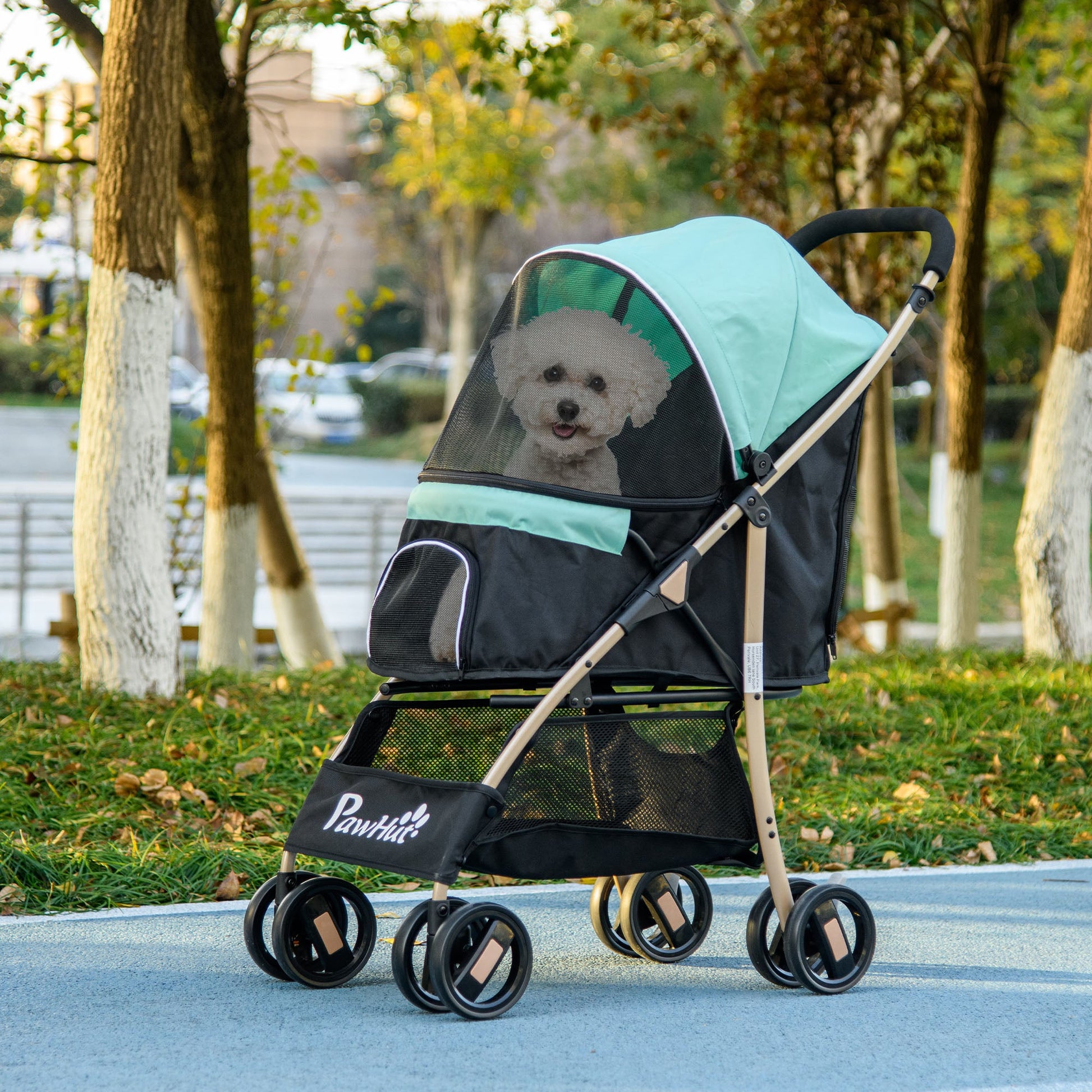 Dog Stroller with Rain Cover, Foldable Dog Pram, 4 Wheels Pet Pushchair with Safety Leashes, for Small, Miniature Dogs, Cats - Green