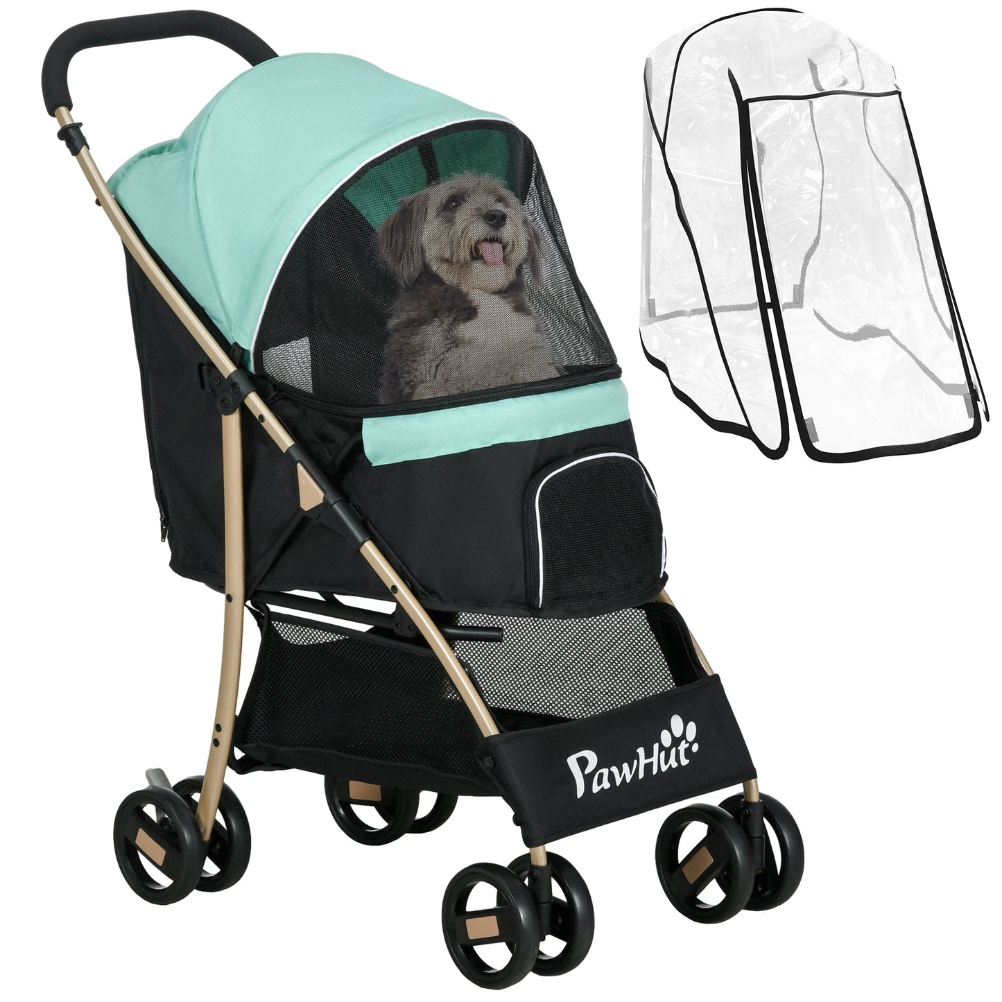 Dog Stroller with Rain Cover, Foldable Dog Pram, 4 Wheels Pet Pushchair with Safety Leashes, for Small, Miniature Dogs, Cats - Green