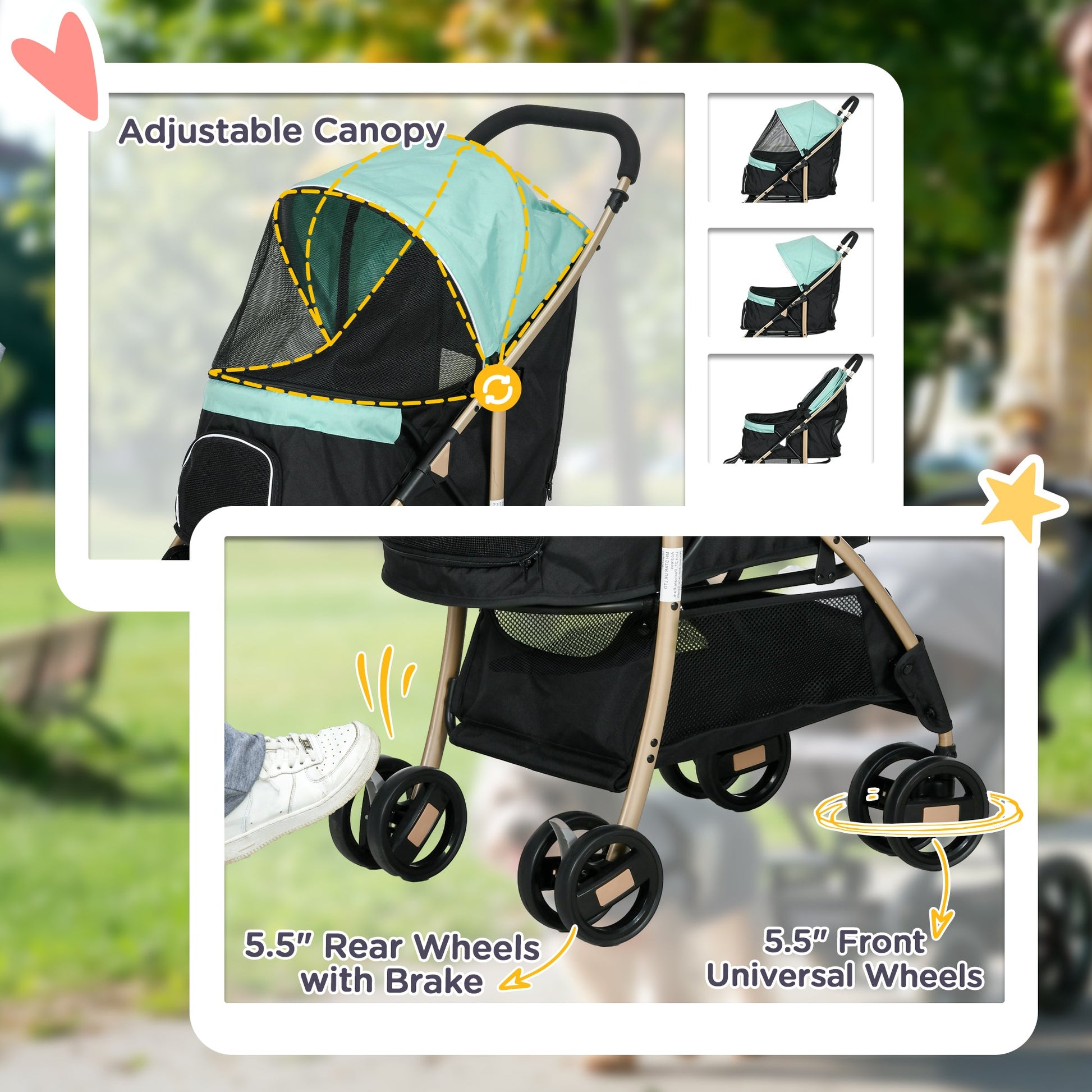 Dog Stroller with Rain Cover, Foldable Dog Pram, 4 Wheels Pet Pushchair with Safety Leashes, for Small, Miniature Dogs, Cats - Green
