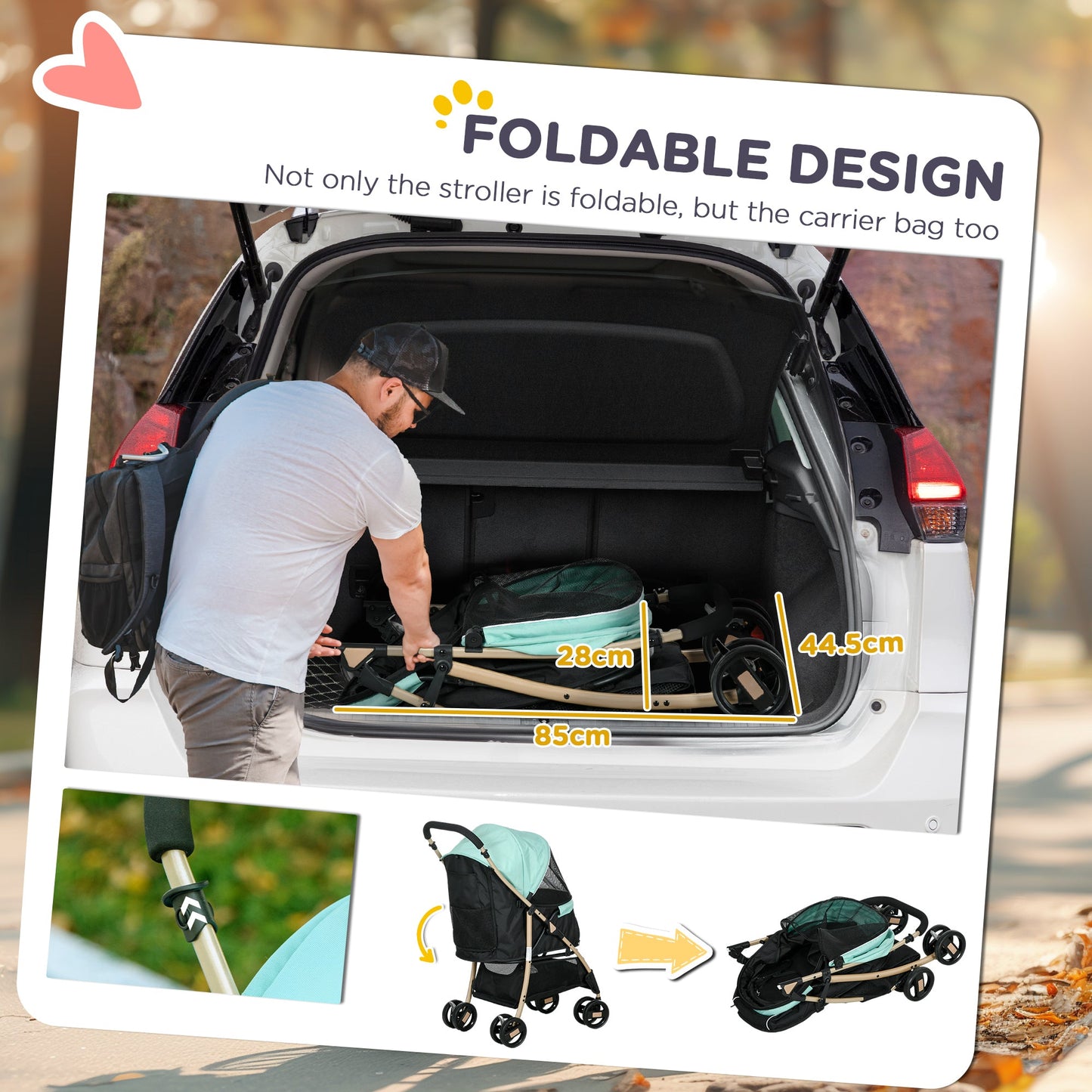 Dog Stroller with Rain Cover, Foldable Dog Pram, 4 Wheels Pet Pushchair with Safety Leashes, for Small, Miniature Dogs, Cats - Green