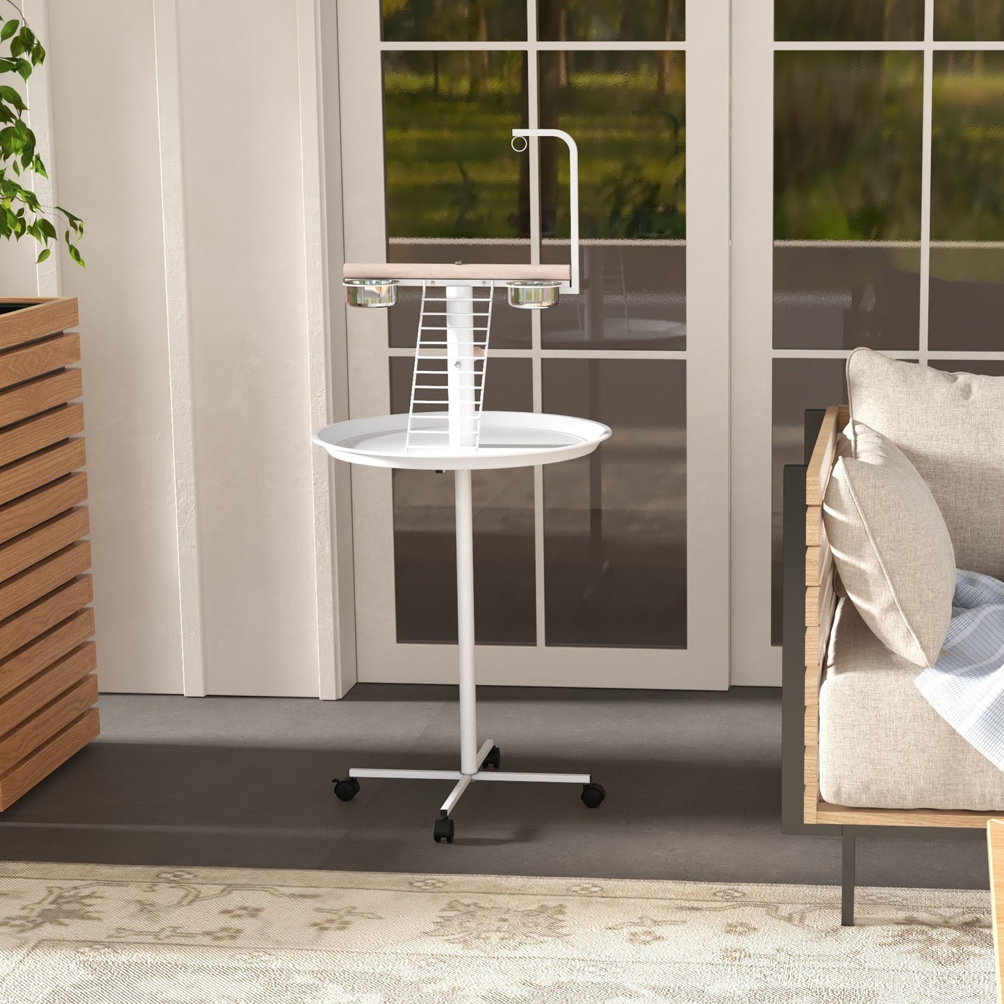 Bird Table, Bird Feeding Station with Wheels, Perches, Stainless Steel Feed Bowls, Round Tray for Indoor - White