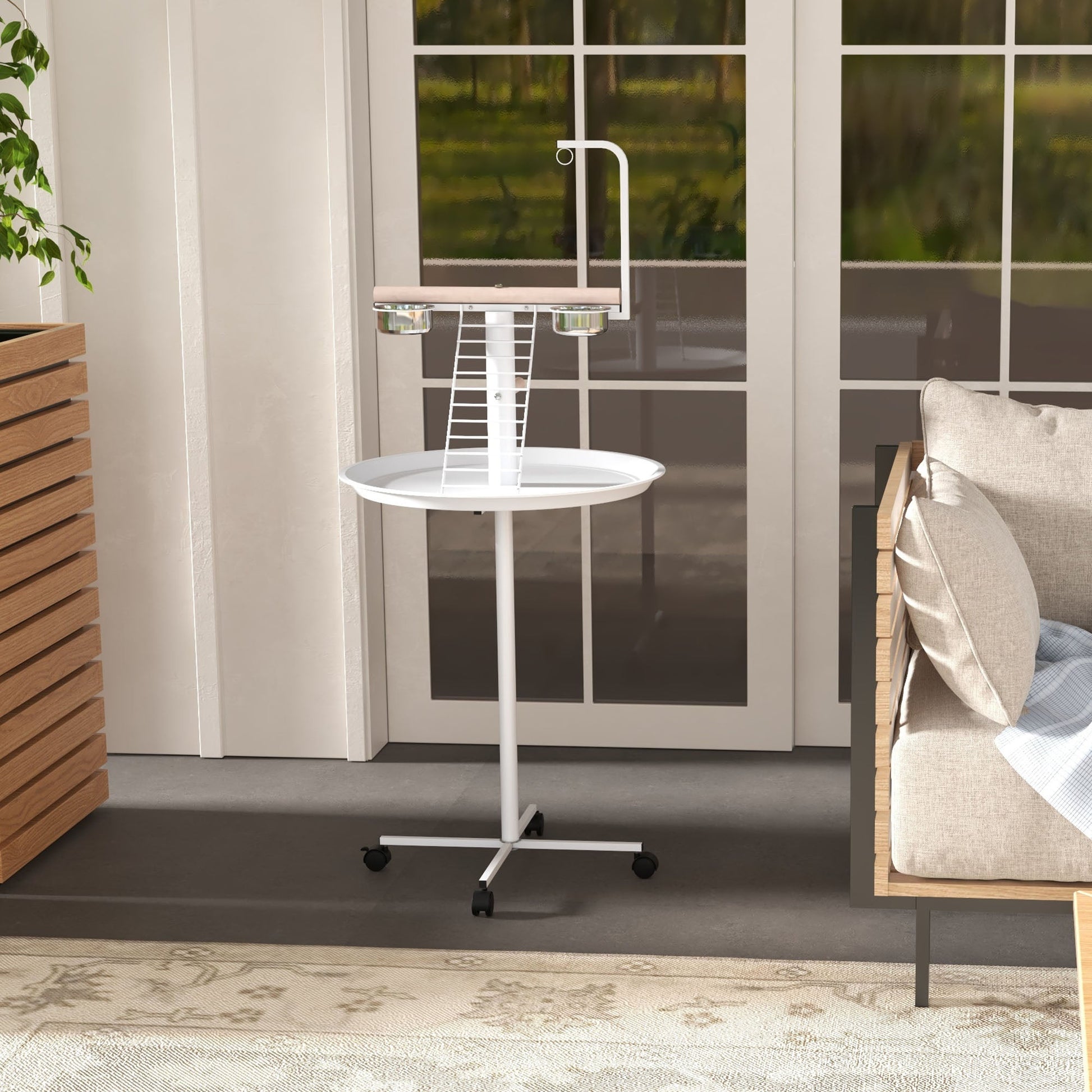Bird Table, Bird Feeding Station with Wheels, Perches, Stainless Steel Feed Bowls, Round Tray for Indoor - White