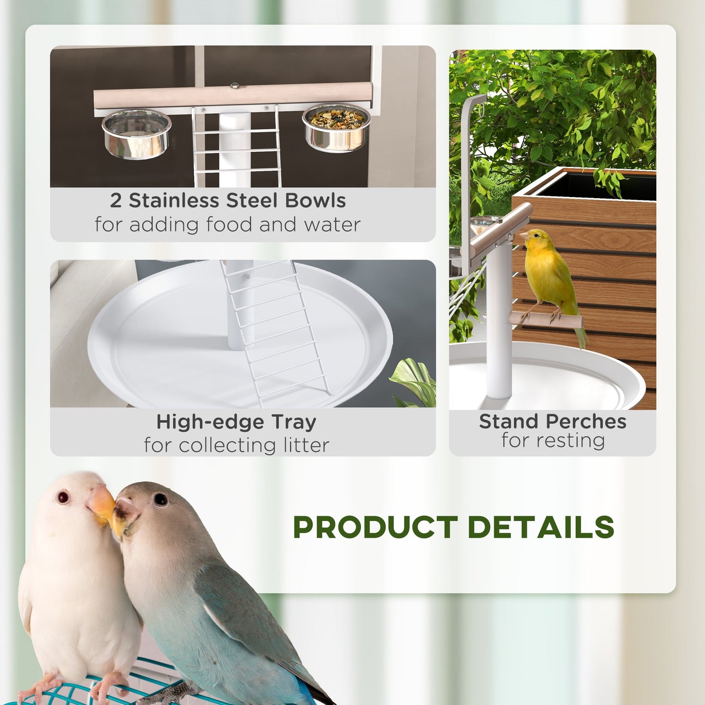 Bird Table, Bird Feeding Station with Wheels, Perches, Stainless Steel Feed Bowls, Round Tray for Indoor - White