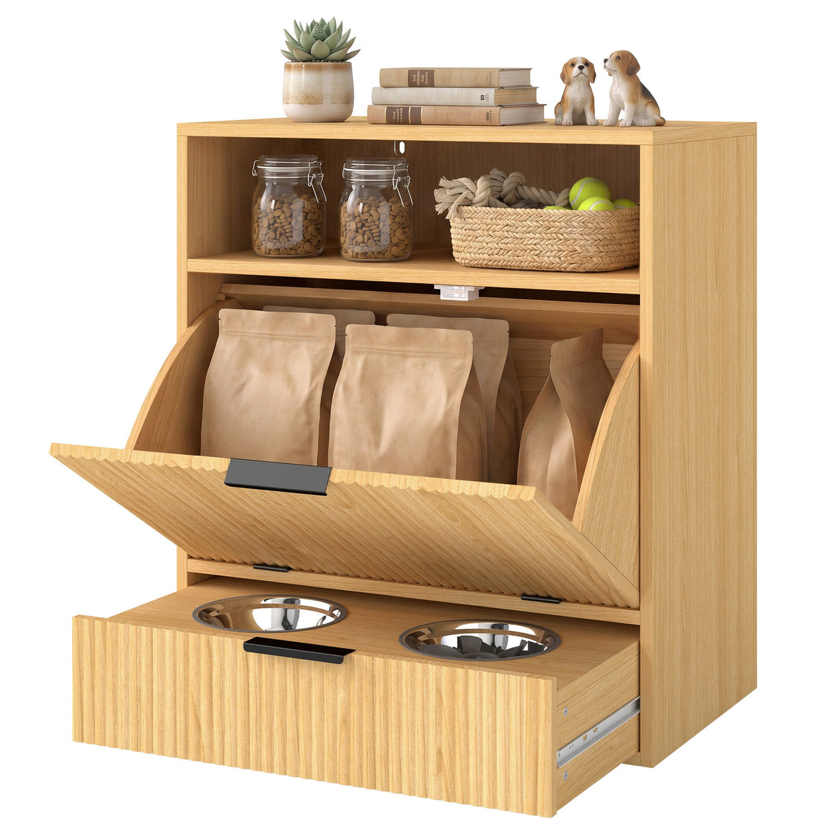 Pet Feeder Station with Storage, Dog Food Storage Container w/ 2 Raised Stainless Steel Bowls, Tilt Out Cabinet, Slow Feeder Mat for Water & Food, Pet Feeding Station for Small Medium, Oak