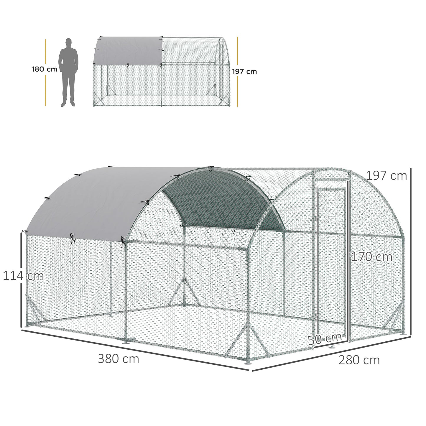 Walk In Chicken Run Galvanised Chicken Coop Hen Poultry House Cage Pet Playpen Garden with Water-Resist Cover, 2.8 x 3.8 x 2m