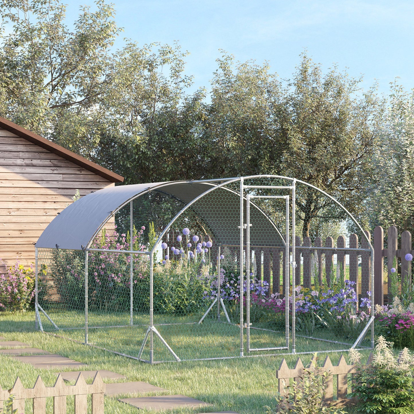 Walk In Chicken Run Galvanised Chicken Coop Hen Poultry House Cage Pet Playpen Garden with Water-Resist Cover, 2.8 x 3.8 x 2m