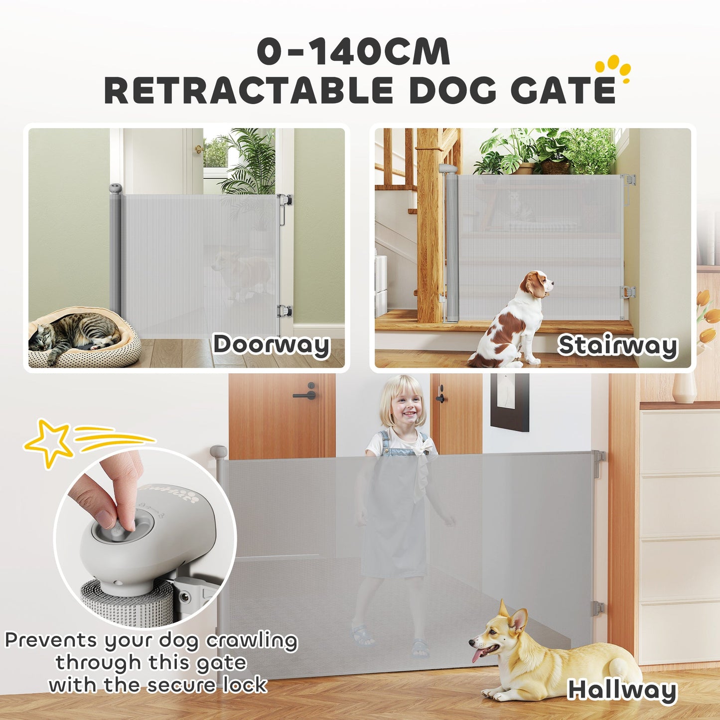 Retractable Stair Gate for Dogs, Extra Wide Dog Gate Extends Up to 140 cm Wide, 86.5 cm Tall, for Doorways, Stairways, Hallways, Indoor and Outdoor, Grey