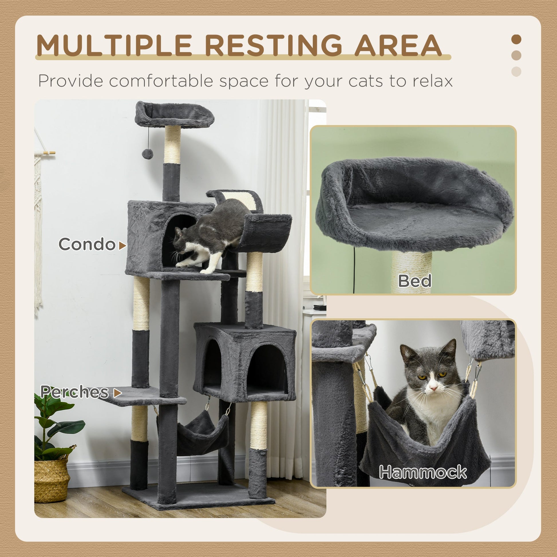 177cm Cat Tree for Indoor Cats, Mult-level Kitten Climbing Tower, with Scratching Posts, Two Cat Houses, Perches, Toy Ball - Dark Grey